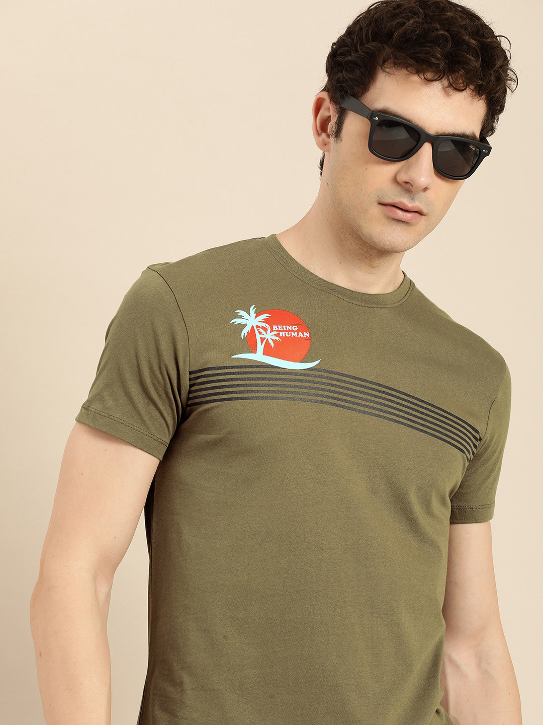 

Being Human Striped Pure Cotton T-shirt, Olive
