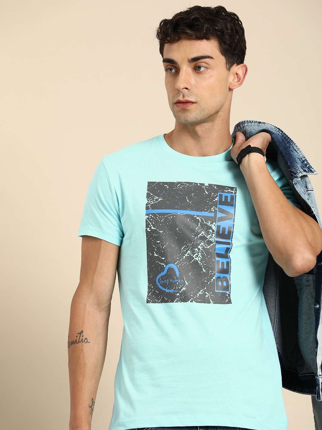 

Being Human Pure Cotton Graphic Printed T-shirt, Blue