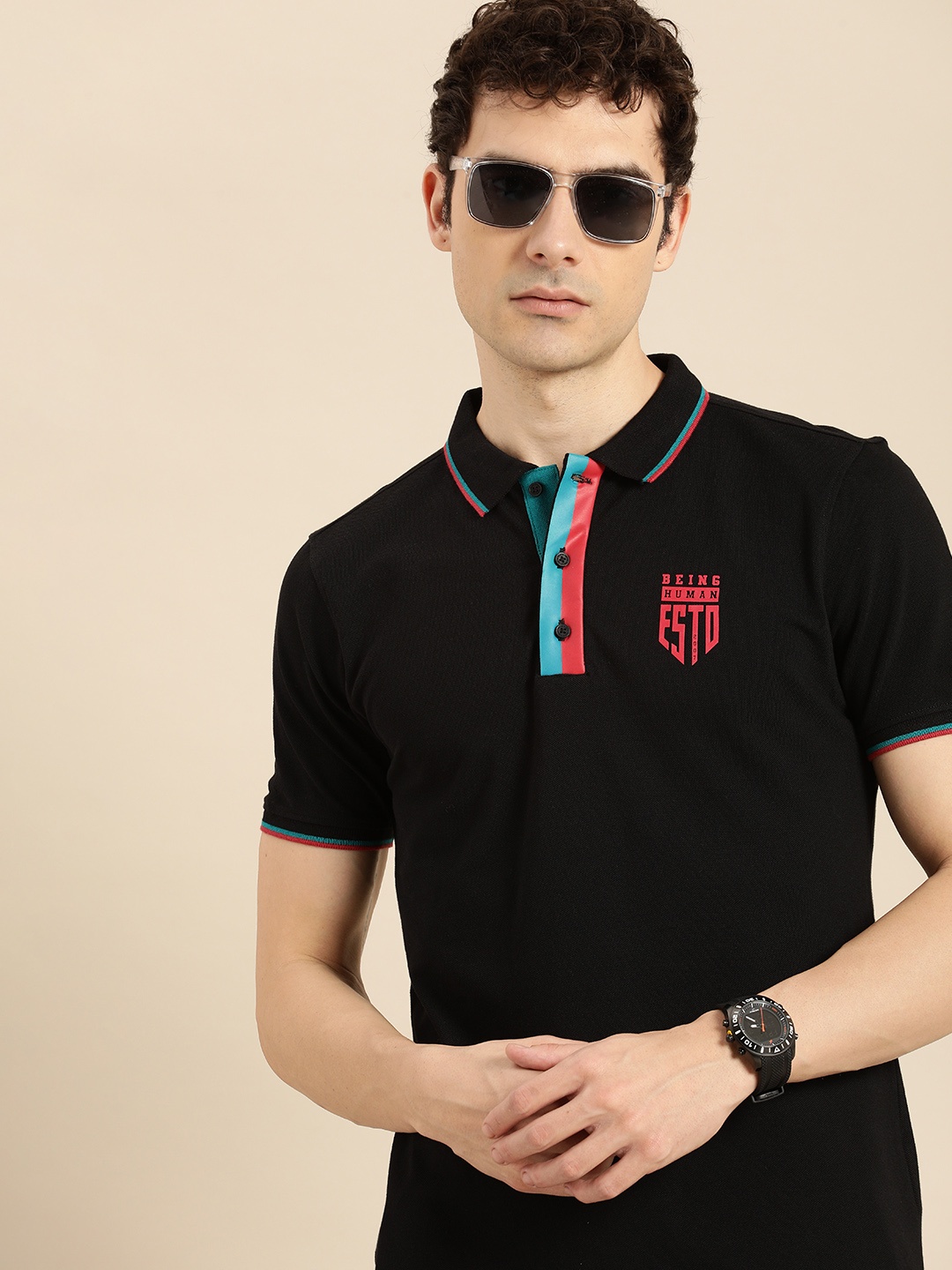 

Being Human Short Sleeves Polo Collar Pure Cotton T-shirt, Black