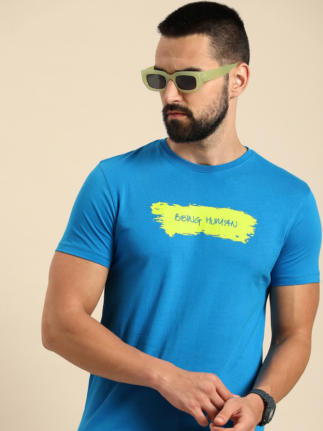

Being Human Pure Cotton Brand Logo Printed Casual T-shirt, Blue