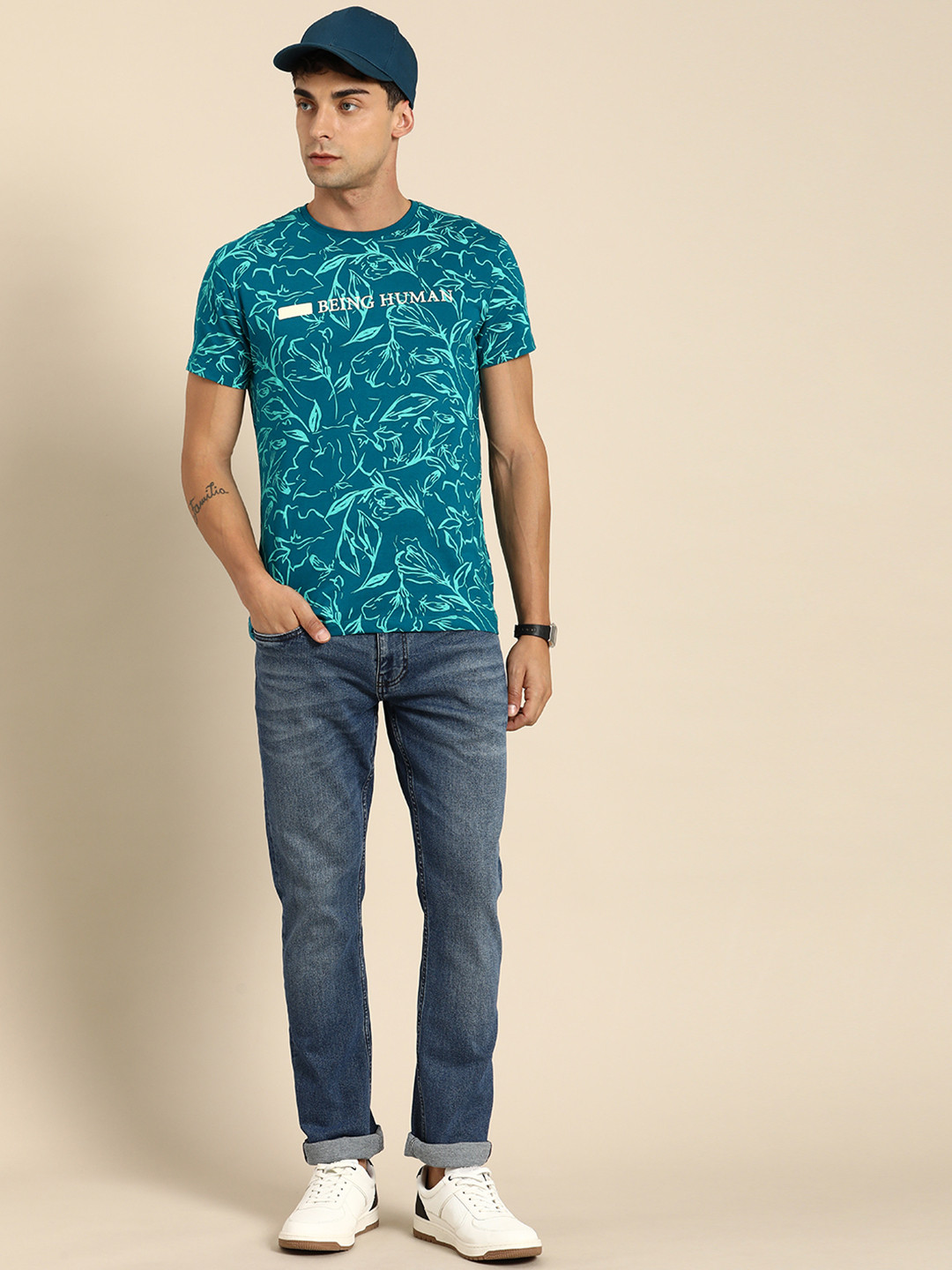 

Being Human Pure Cotton Tropical Printed T-shirt, Teal