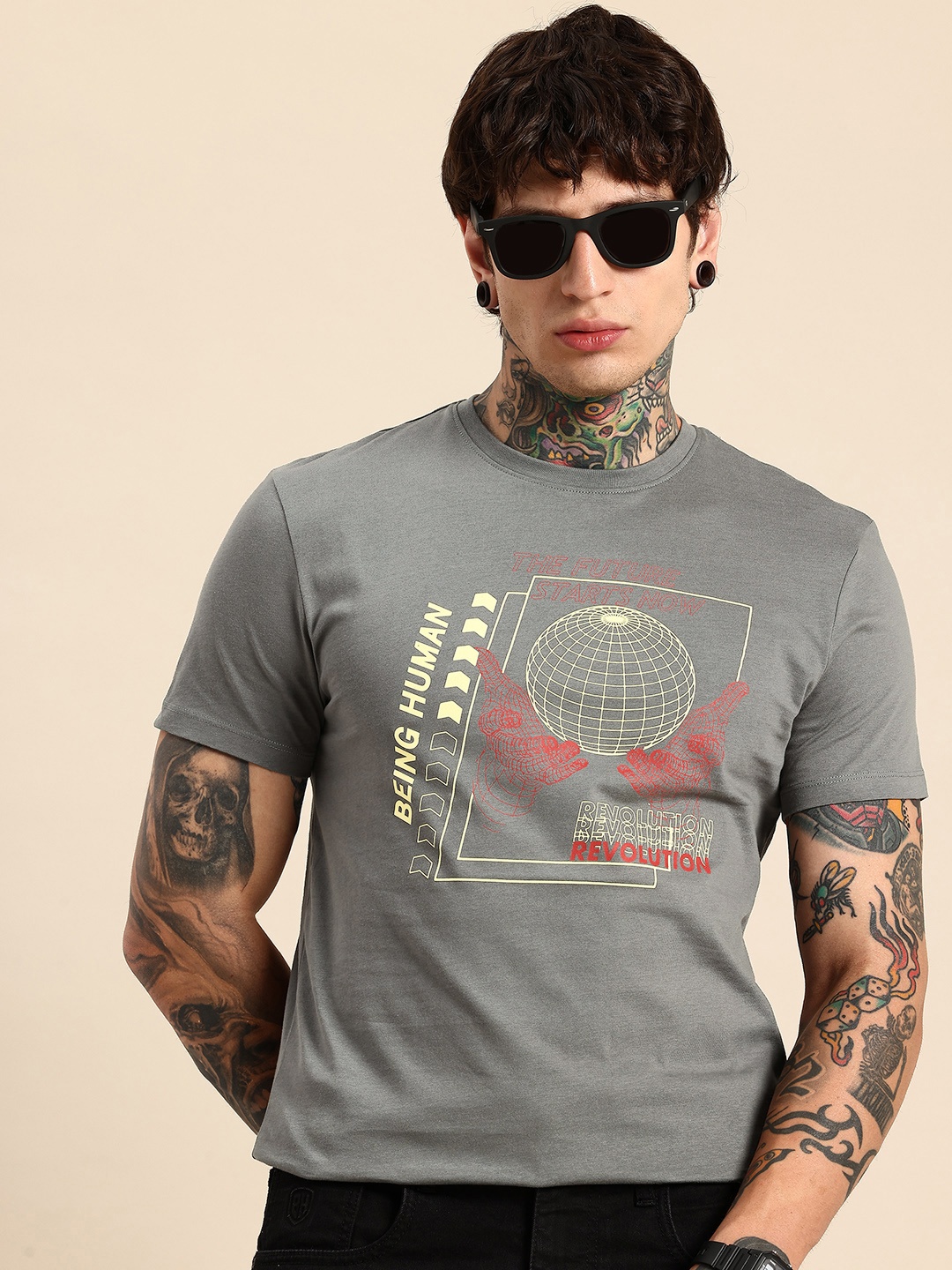 

Being Human Pure Cotton Graphic Printed T-shirt, Grey