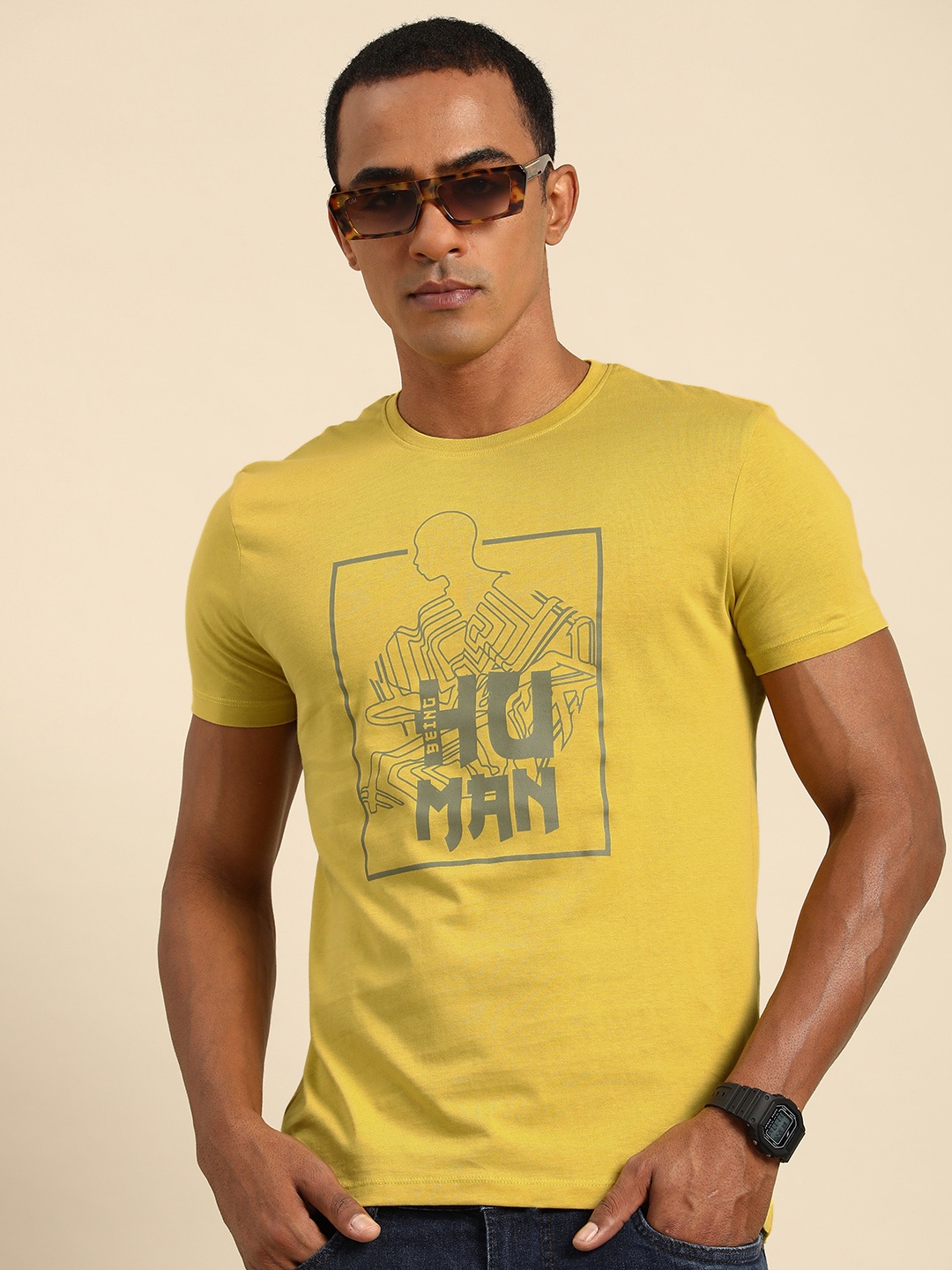 

Being Human Graphic Printed Pure Cotton Casual T-shirt, Mustard