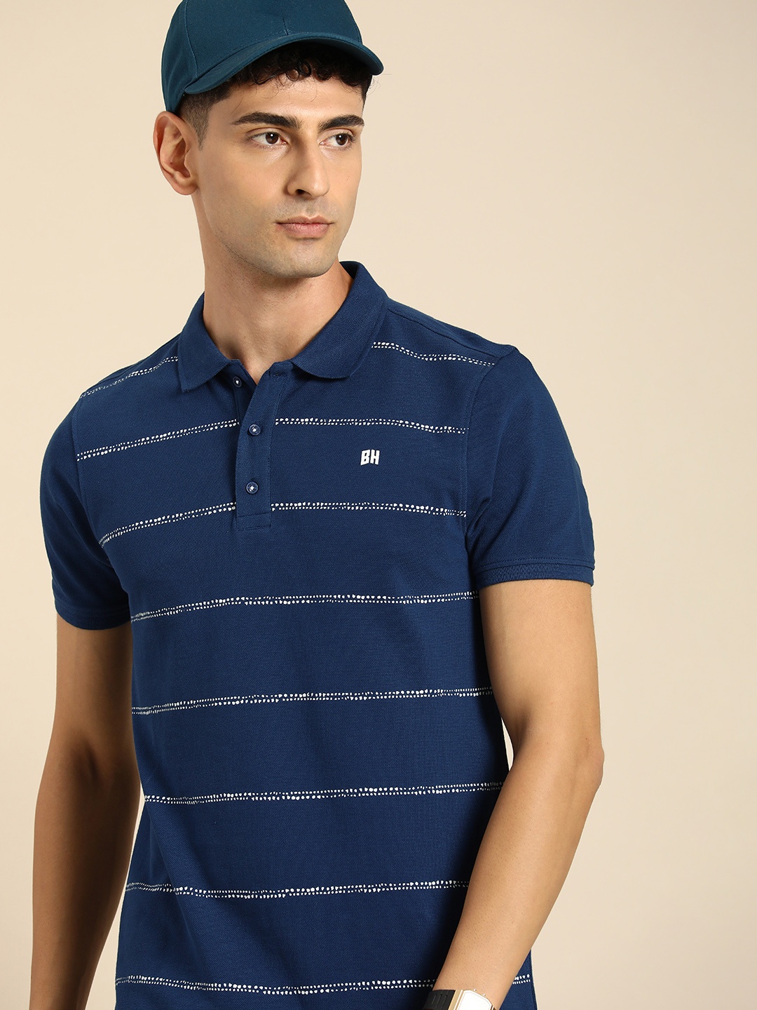 

Being Human Pure Cotton Polo Collar Striped T-shirt, Navy blue