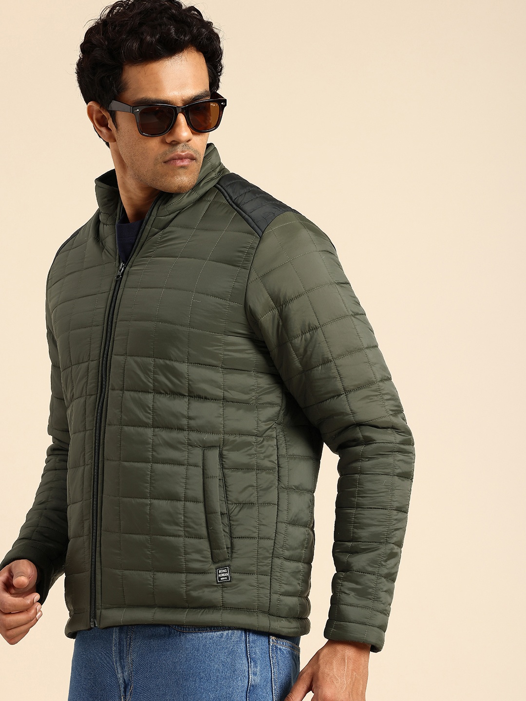 

Being Human Mock Collar Quilted Jacket, Olive