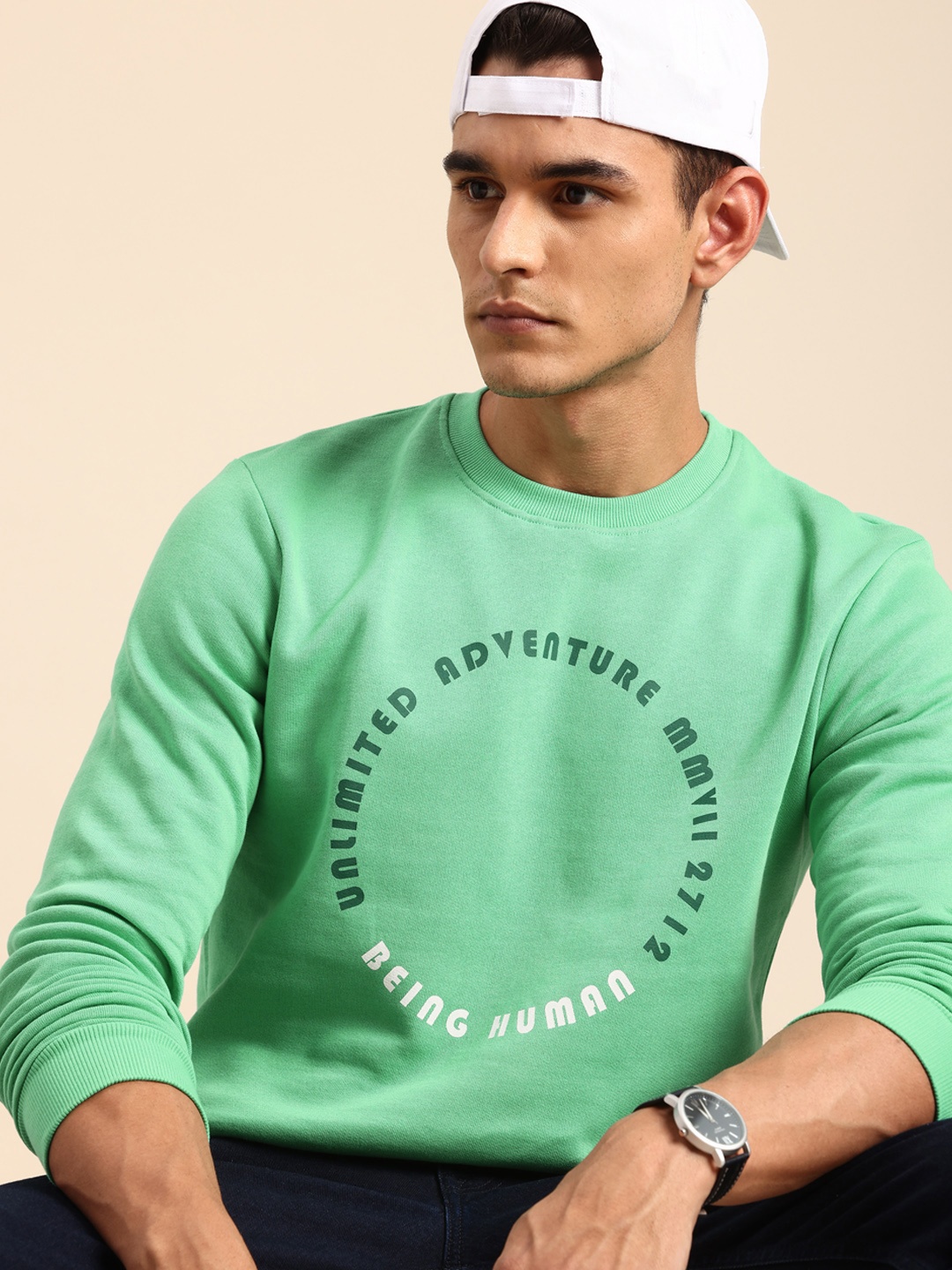 

Being Human Printed Pure Cotton Sweatshirt, Green