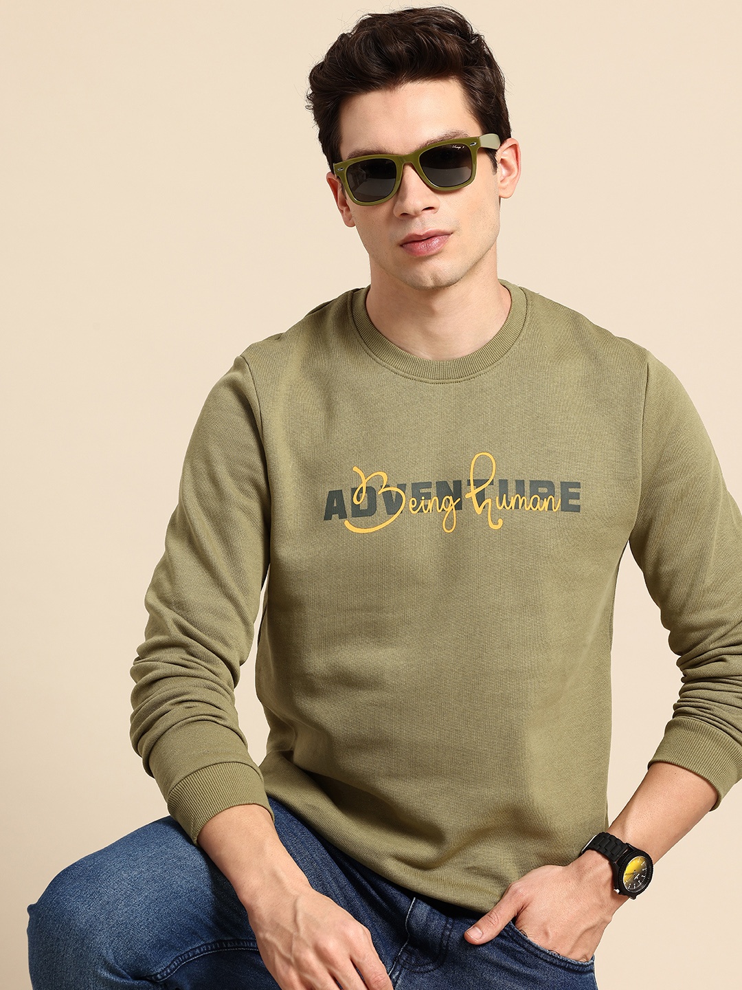 

Being Human Pure Cotton Typography Printed Sweatshirt, Olive