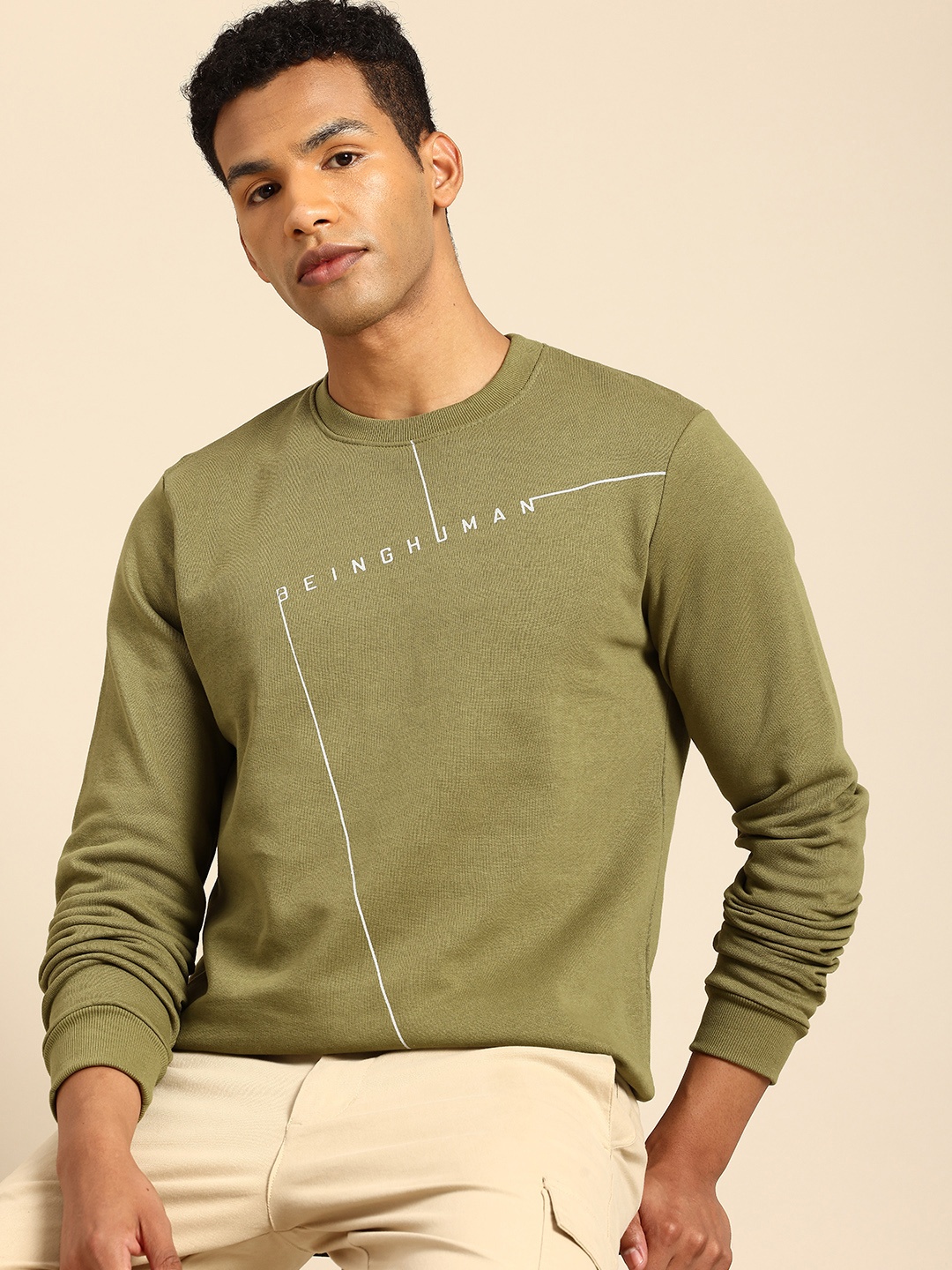 

Being Human Brand Logo Printed Pure Cotton Sweatshirt, Olive