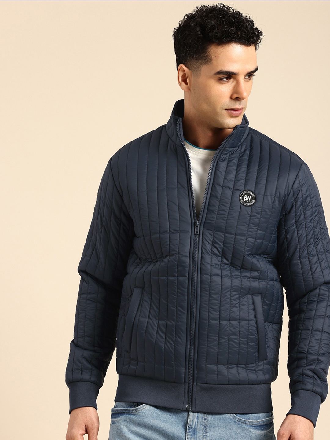 

Being Human Mock Collar Quilted Jacket, Navy blue