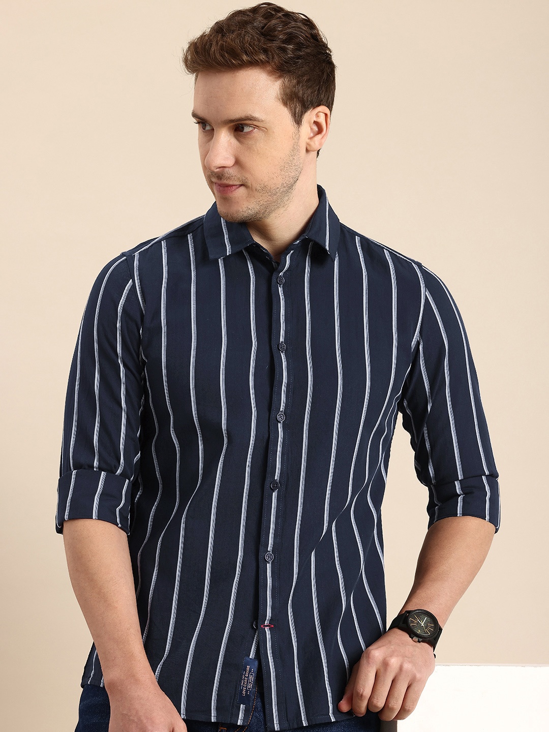 

Being Human Pure Cotton Striped Casual Shirt, Navy blue