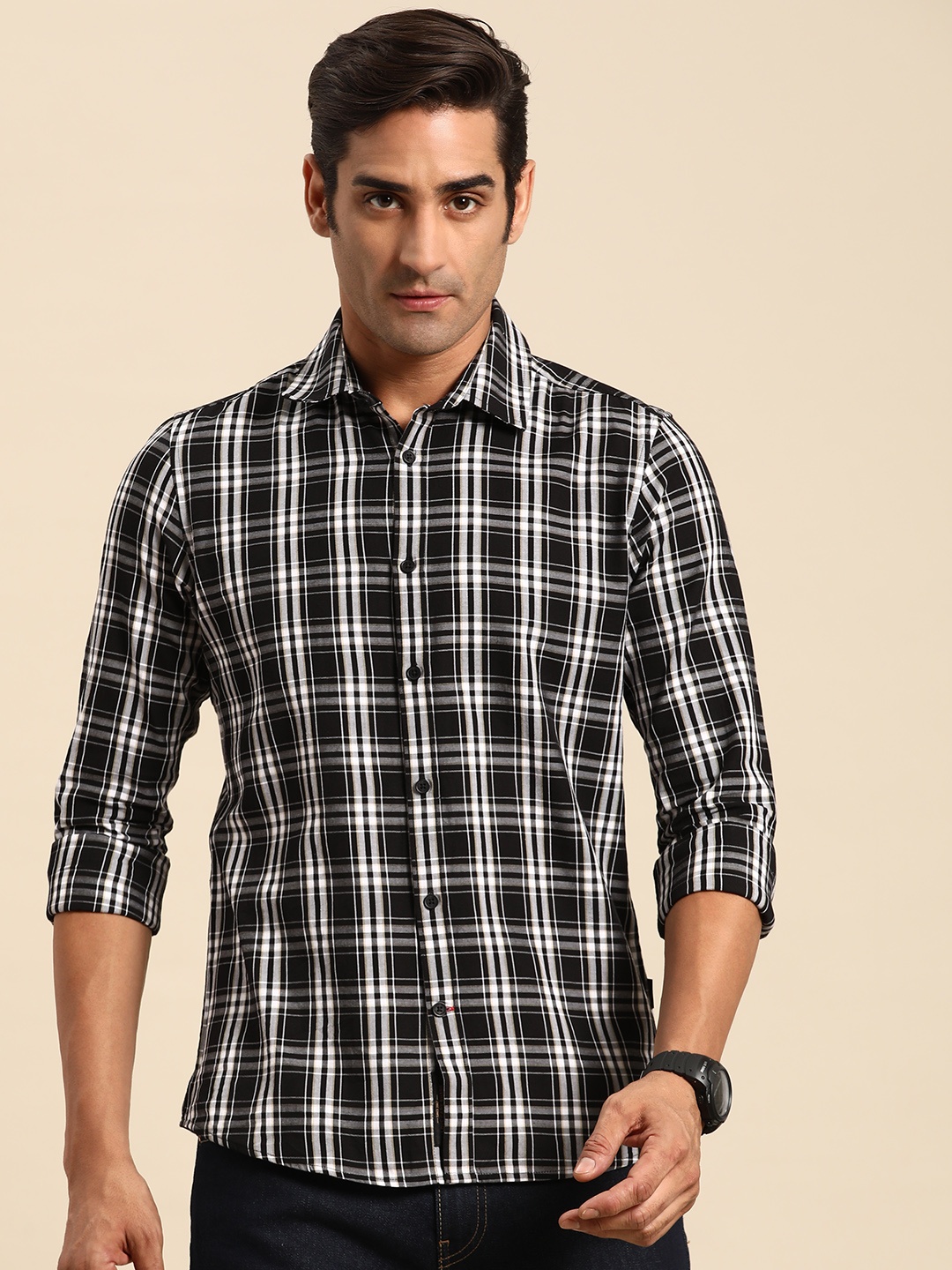 

Being Human Tartan Checks Pure Cotton Slim Fit Shirt, Black