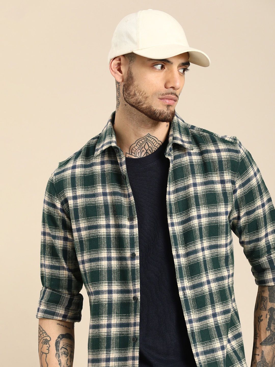 

Being Human Pure Cotton Slim Fit Opaque Checked Casual Shirt, Green