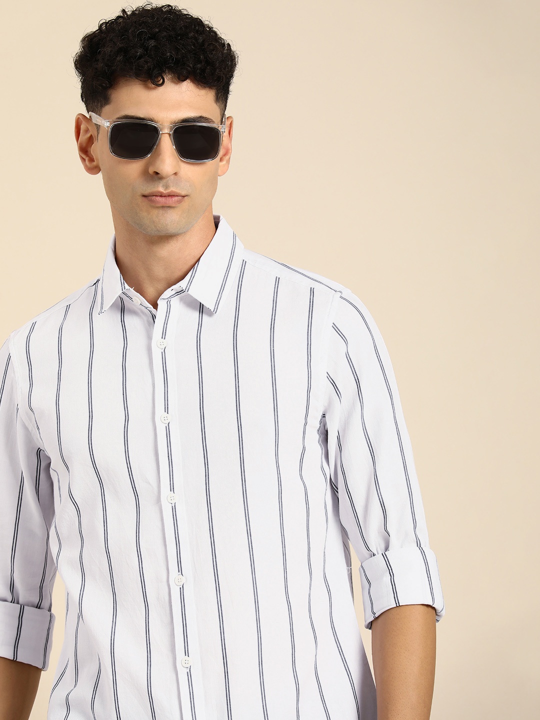 

Being Human Men Pure Cotton Striped Casual Shirt, White