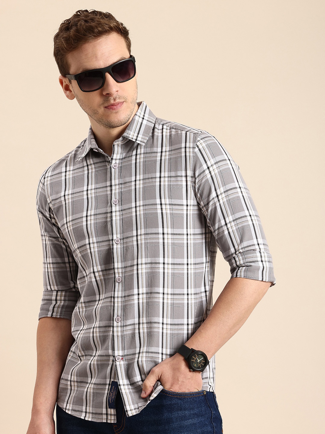 

Being Human Pure Cotton Checked Casual Shirt, Grey