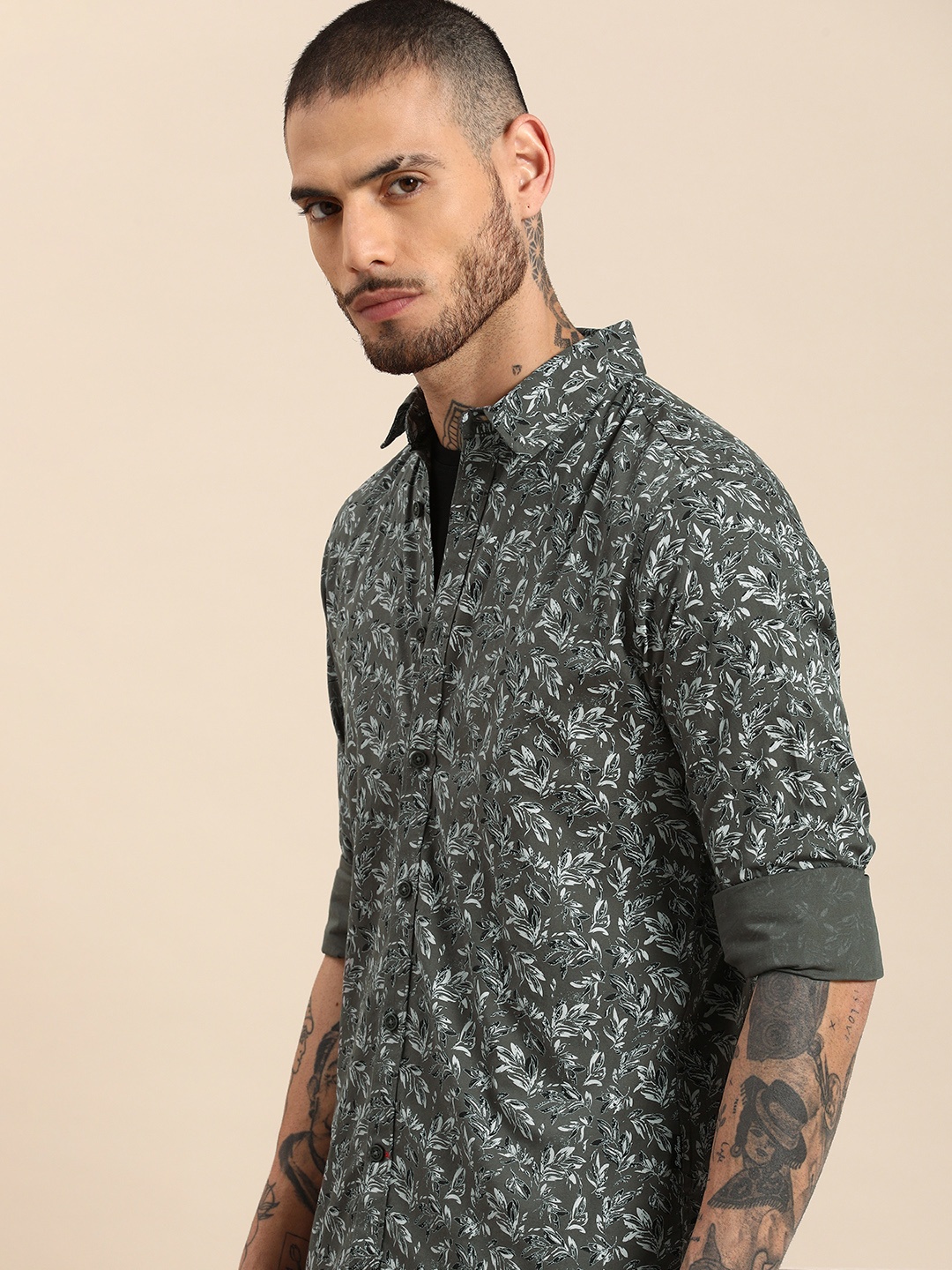 

Being Human Pure Cotton Floral Opaque Printed Casual Shirt, Olive