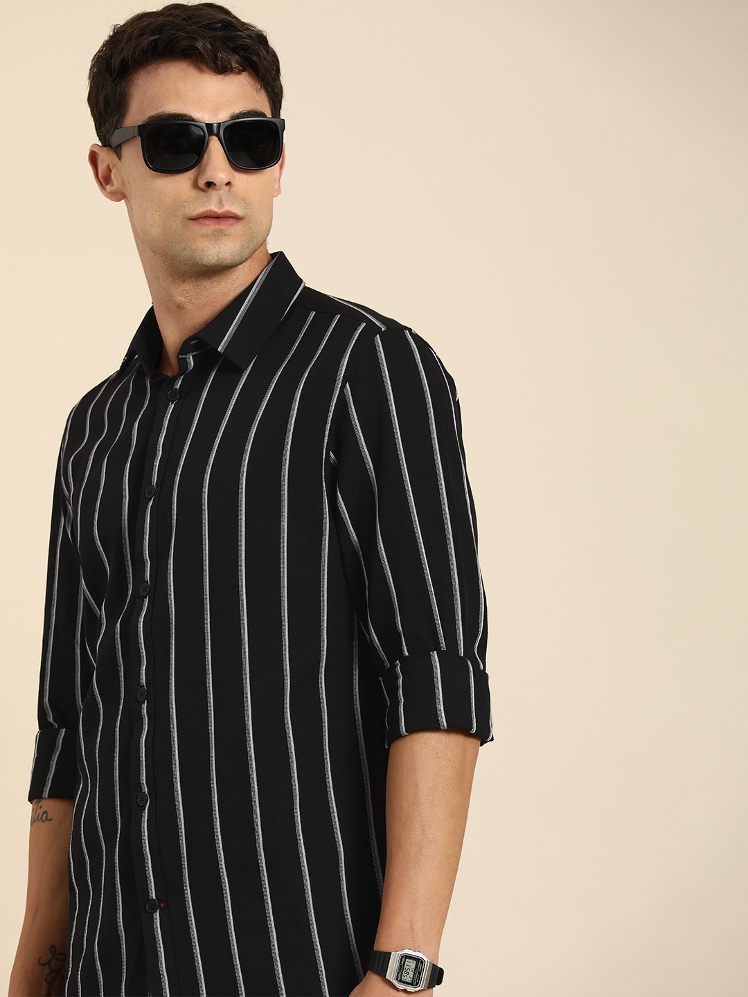 

Being Human Pure Cotton Striped Casual Shirt, Black