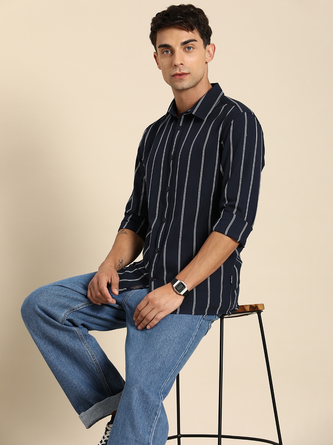 

Being Human Men Pure Cotton Striped Casual Shirt, Navy blue