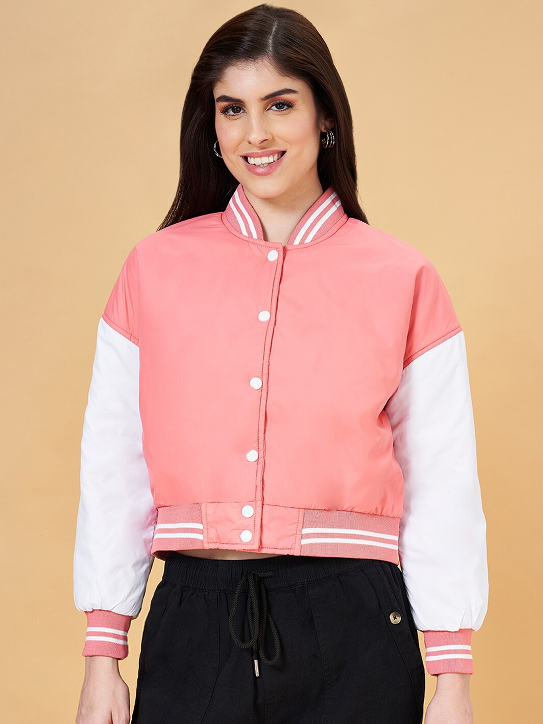 

YU by Pantaloons Colourblocked Mock Collar Long Sleeves Varsity Jacket, Pink