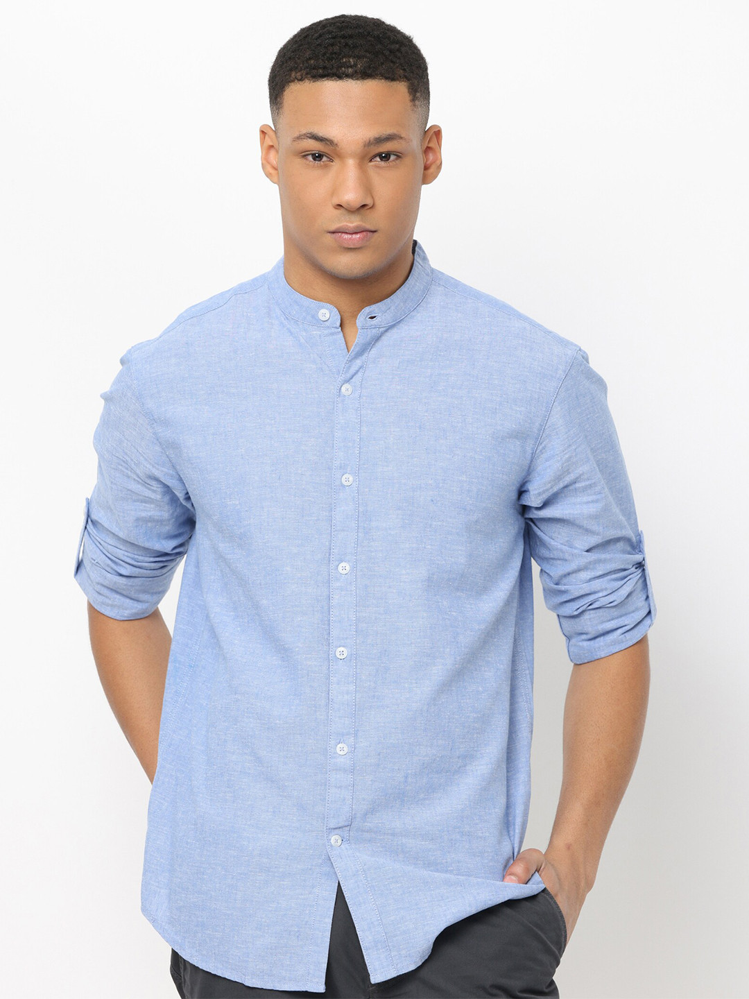 

Nektar Band Collar Relaxed Cotton Linen Casual Shirt, Blue