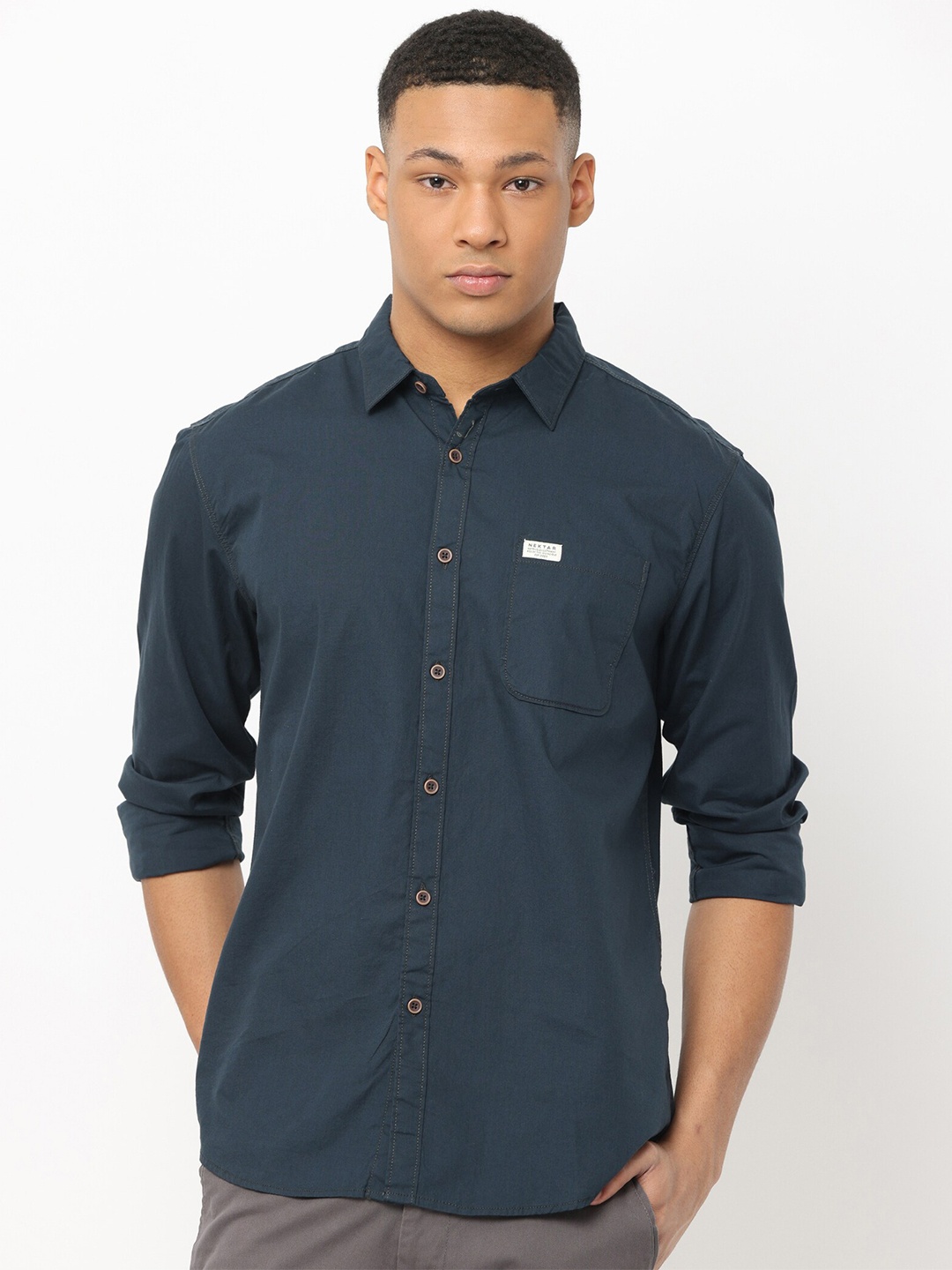 

Nektar Spread Collar Relaxed Cotton Casual Shirt, Blue