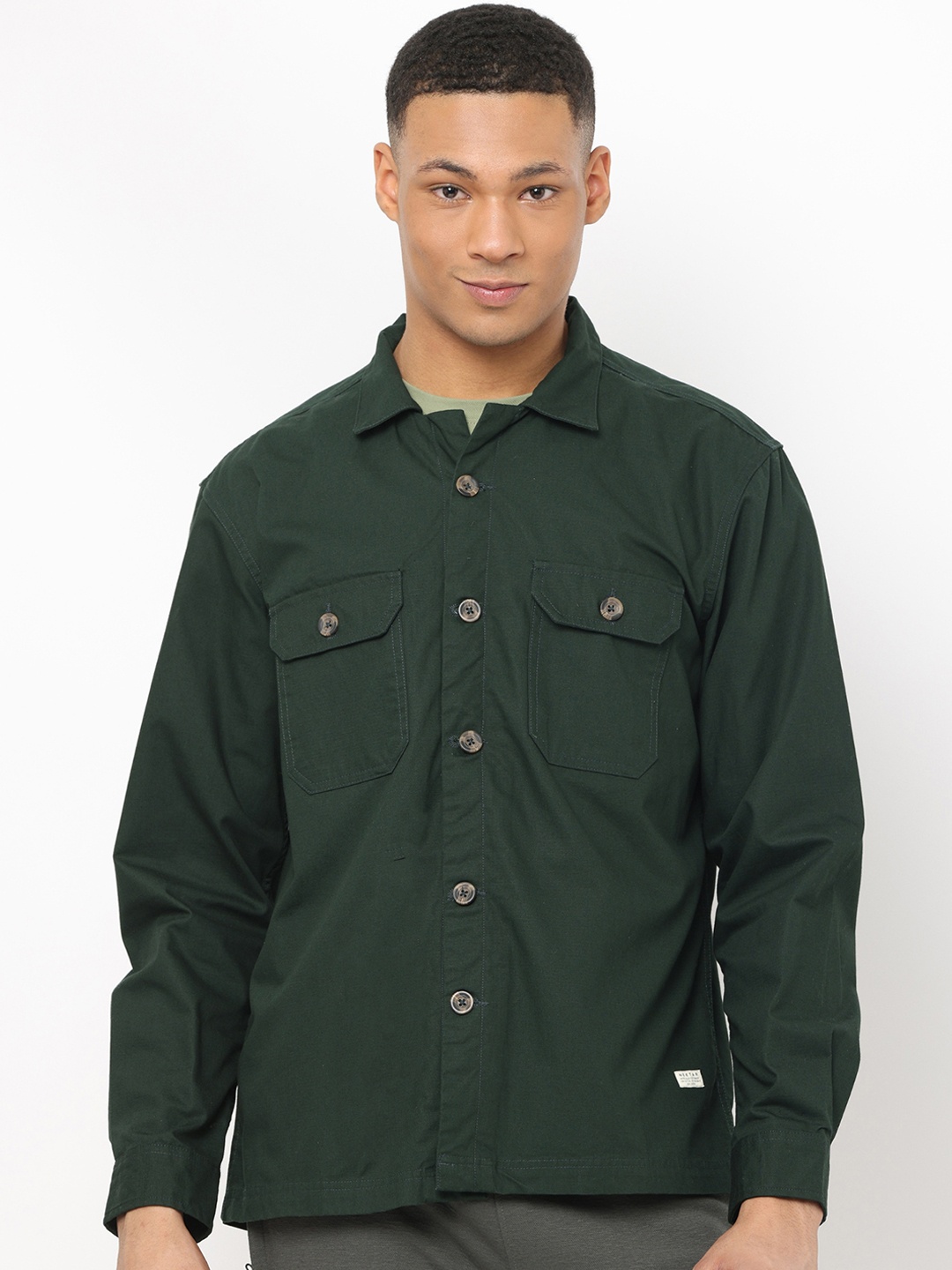 

Nektar Spread Collar Cotton Casual Shackets, Green