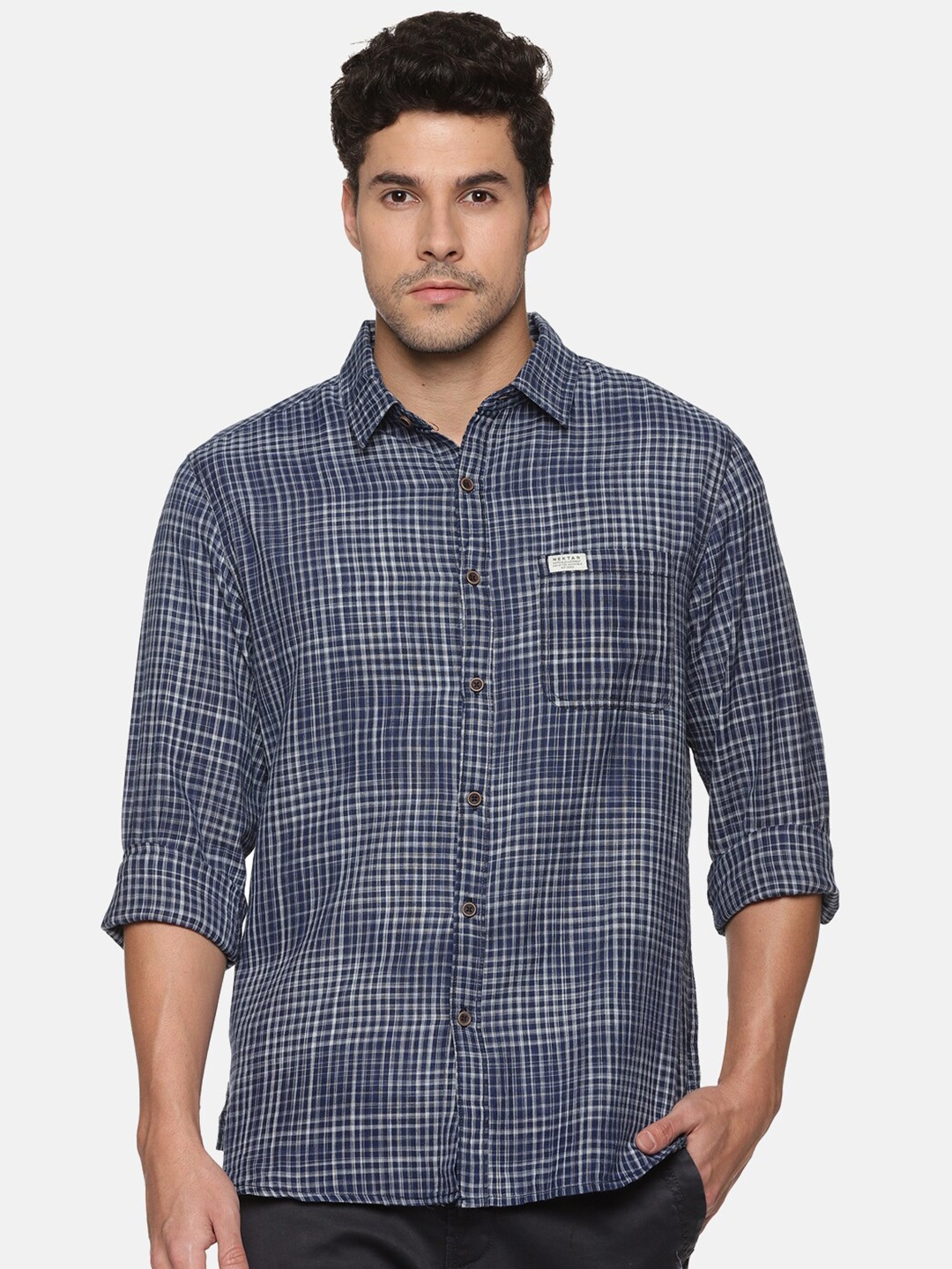 

Nektar Gingham Checked Relaxed Cotton Casual Shirt, Blue