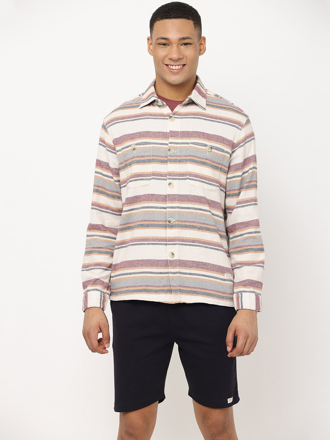 

Nektar Horizontal Stripes Spread Collar Cotton Shirt, Cream