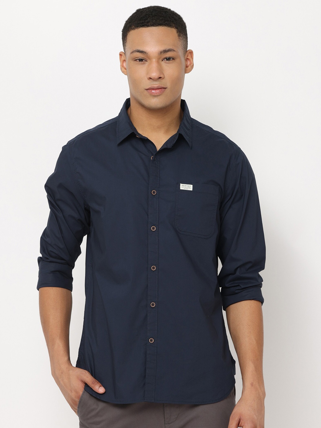 

Nektar Relaxed Spread Collar Cotton Casual Shirt, Navy blue