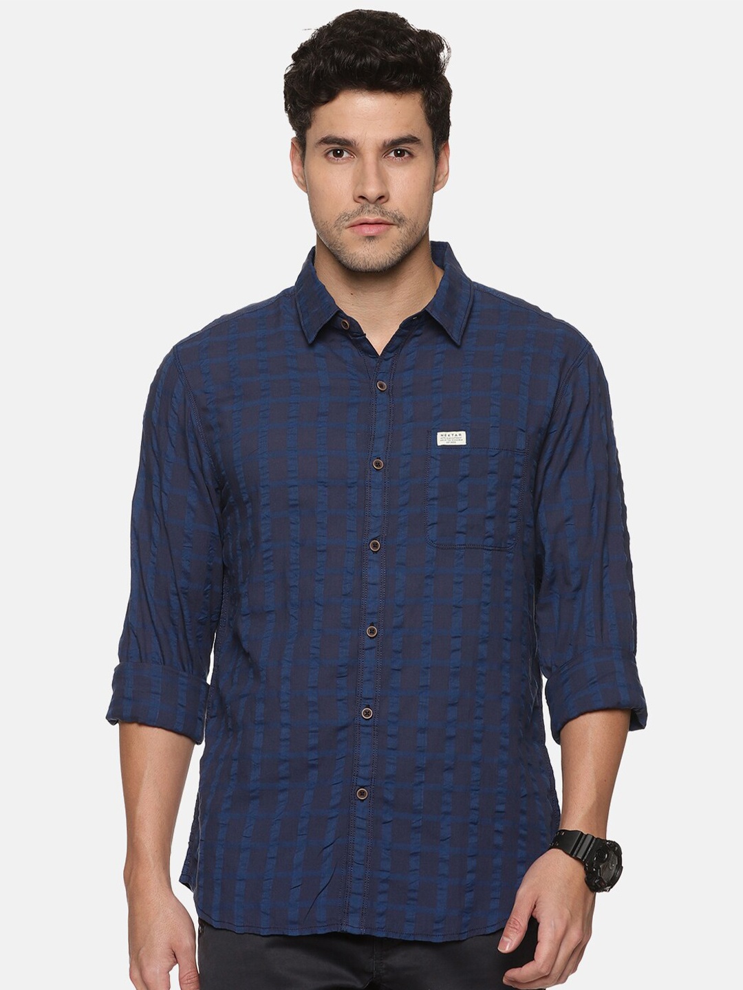 

Nektar Checked Relaxed Seersucker Cotton Casual Shirt, Navy blue