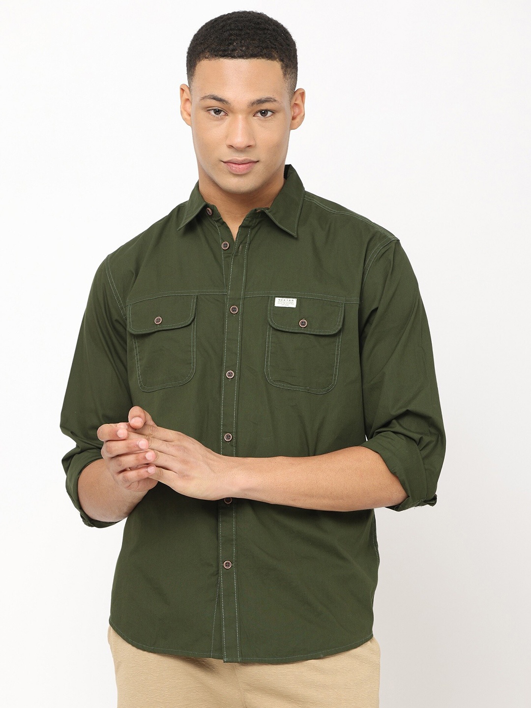 

Nektar Spread Collar Relaxed Cotton Casual Shirt, Green