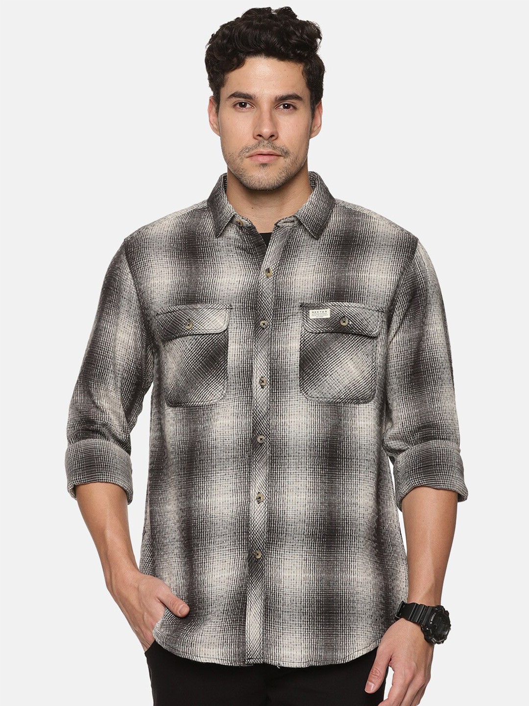 

Nektar Relaxed Fit Checked Casual Pure Cotton Shirt, Black