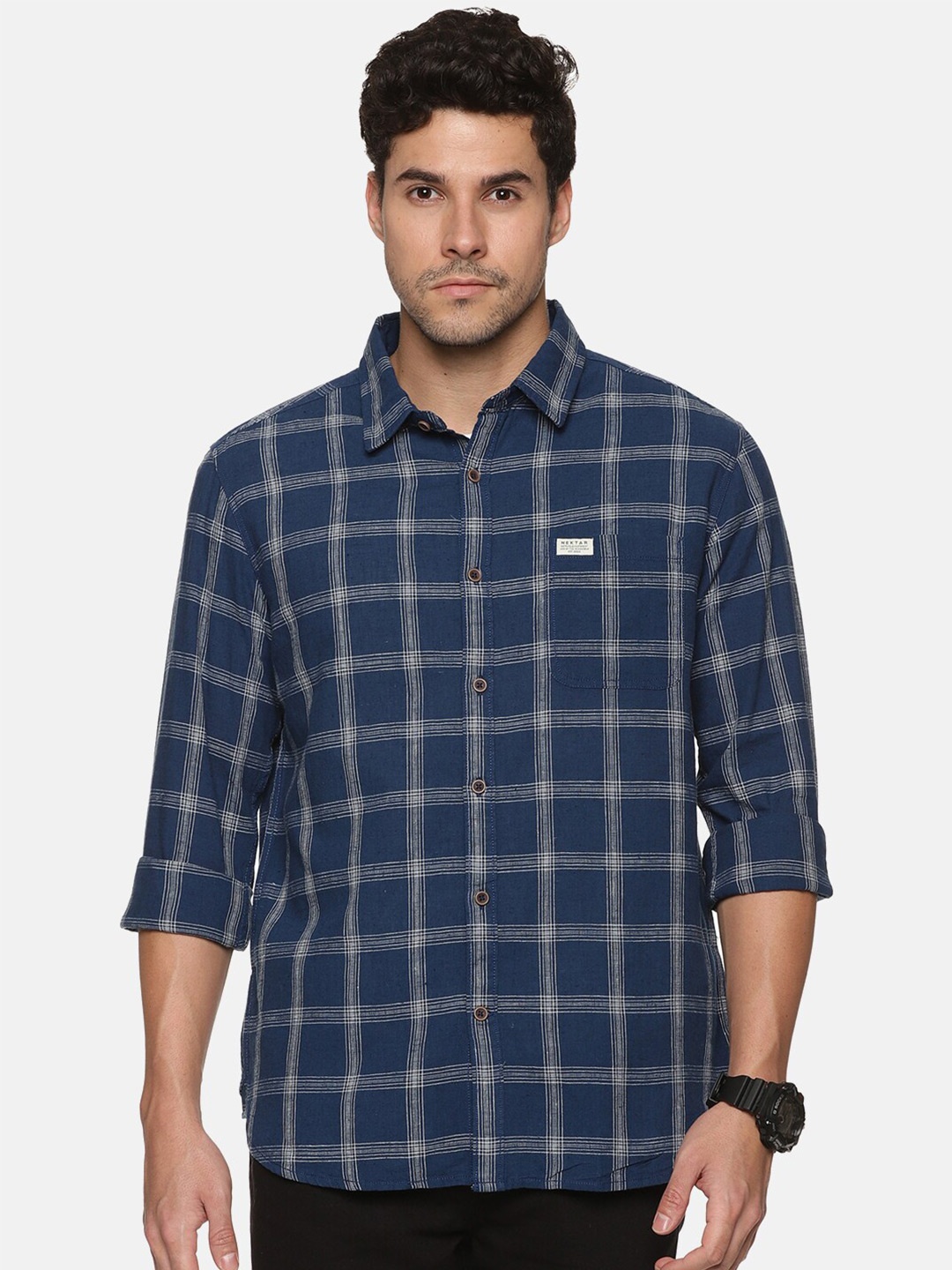 

Nektar Relaxed Fit Windowpane Checked Casual Pure Cotton Shirt, Blue