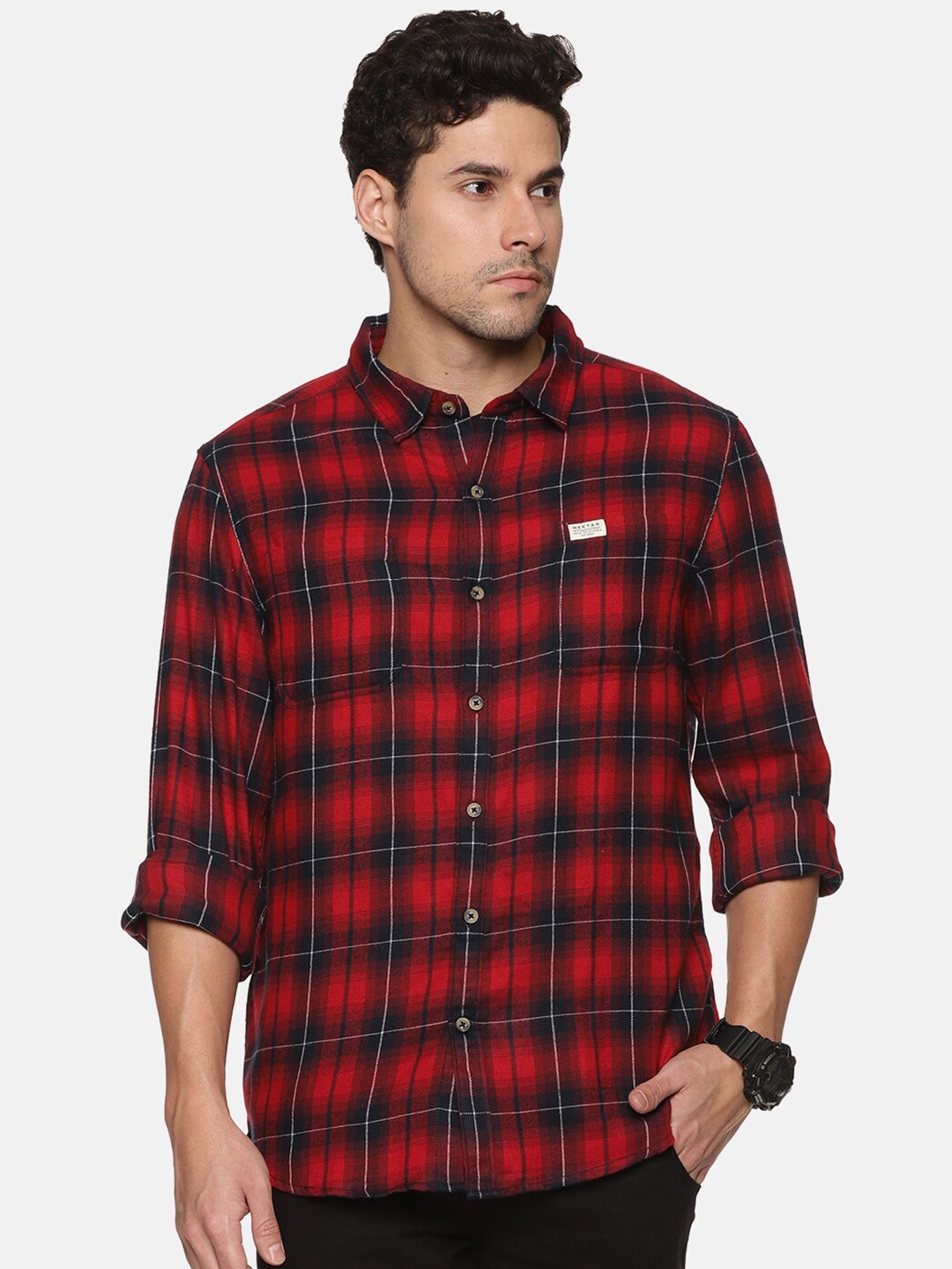

Nektar Relaxed Fit Tartan Checked Casual Pure Cotton Shirt, Red