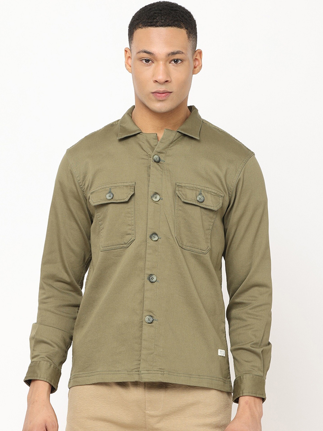 

Nektar Spread Collar Regular Fit Cotton Casual Shacket, Olive