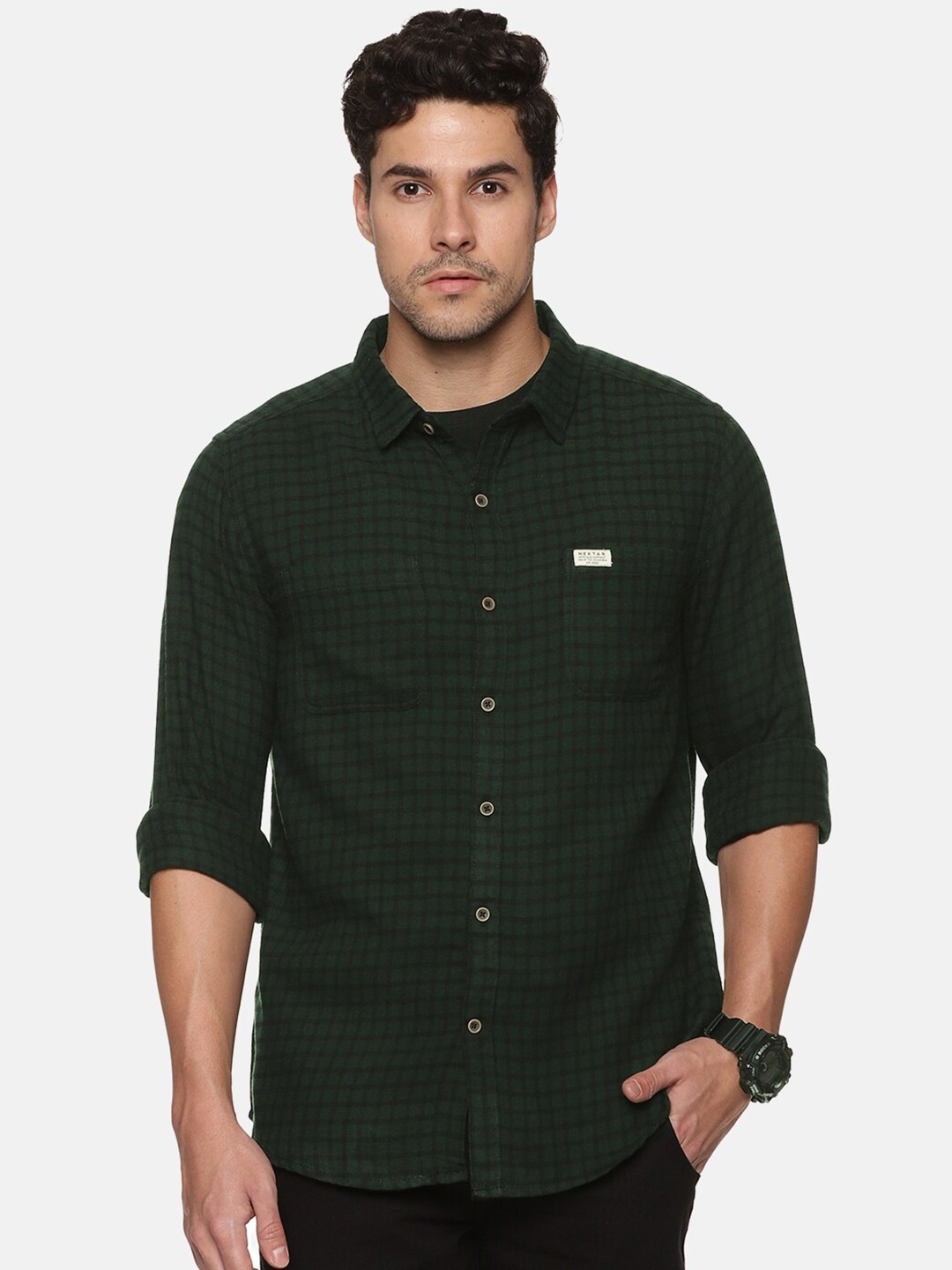 

Nektar Shepherd Checked Relaxed Flannel Pure Cotton Casual Shirt, Green