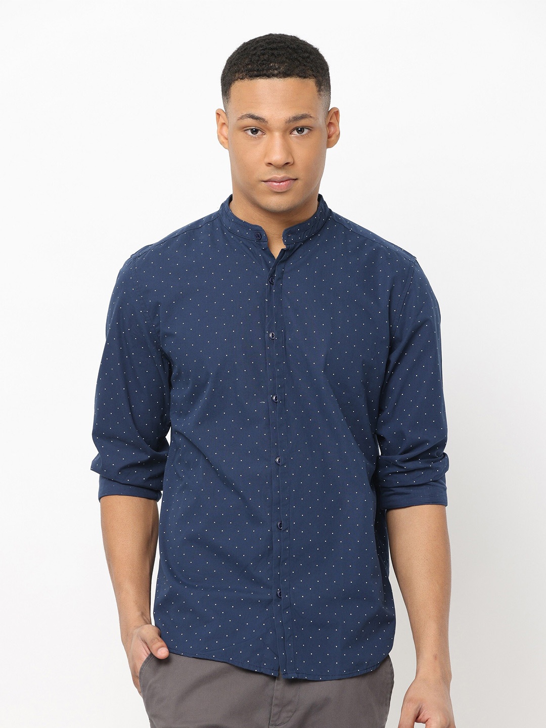 

Nektar Polka Dot Printed Relaxed Cotton Casual Shirt, Navy blue