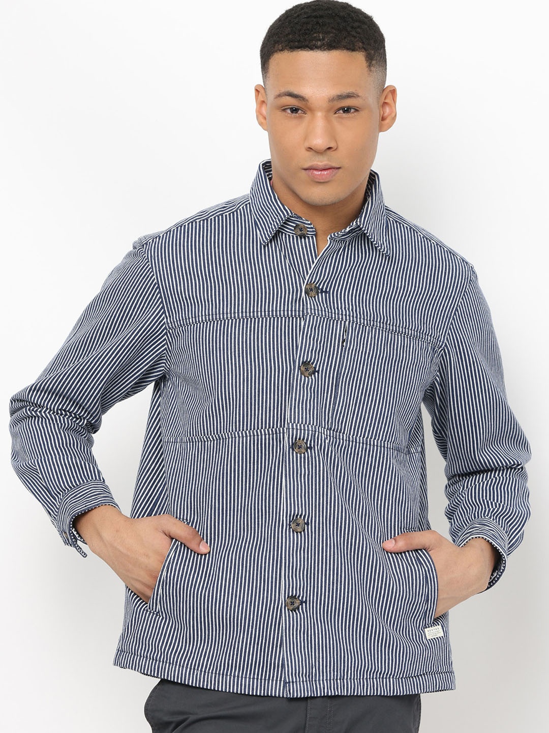 Nektar Vertical Striped Spread Collar Cotton Shacket, Navy blue