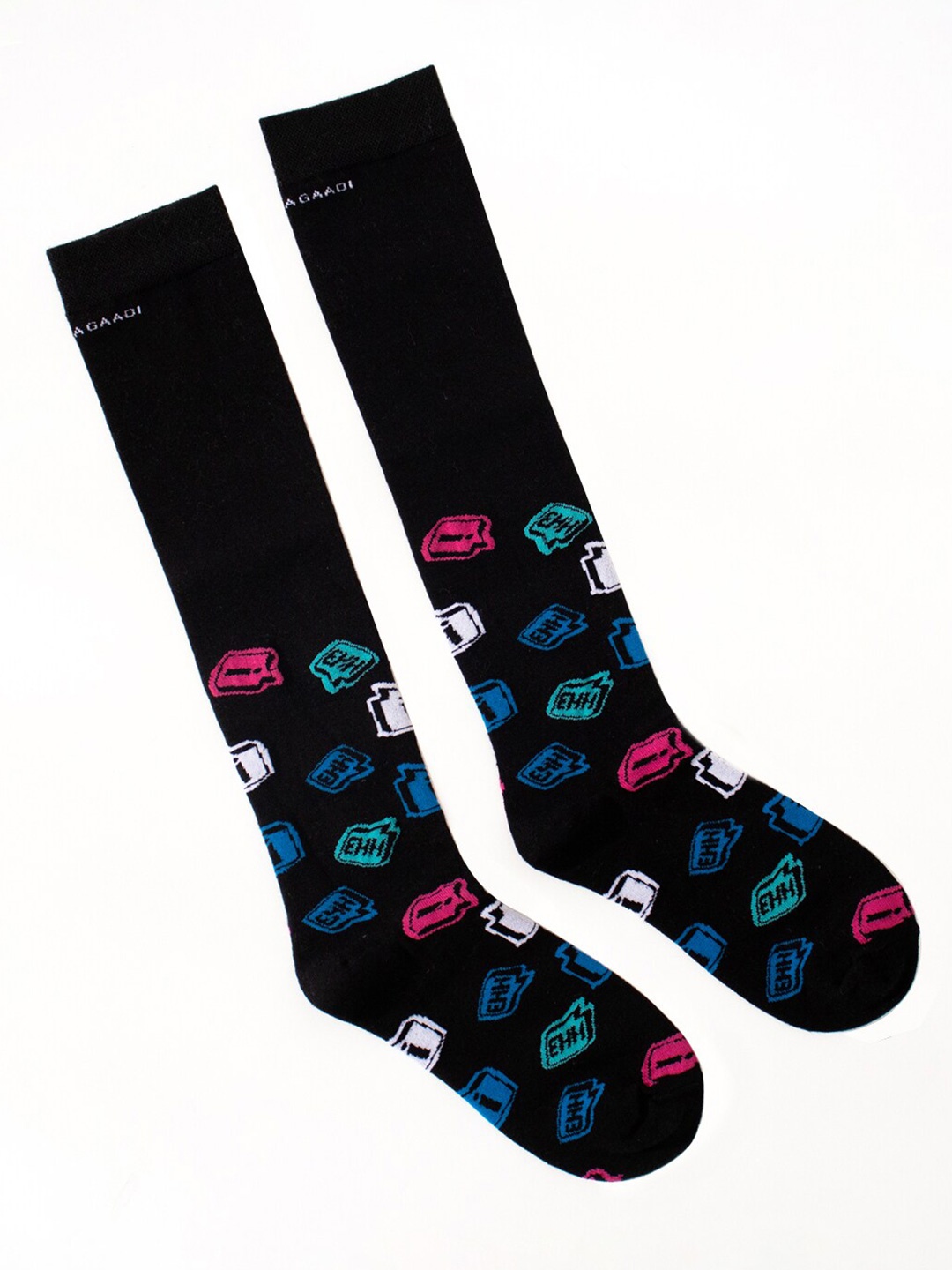 

Thela Gaadi Unisex Patterned Knee High Socks, Black