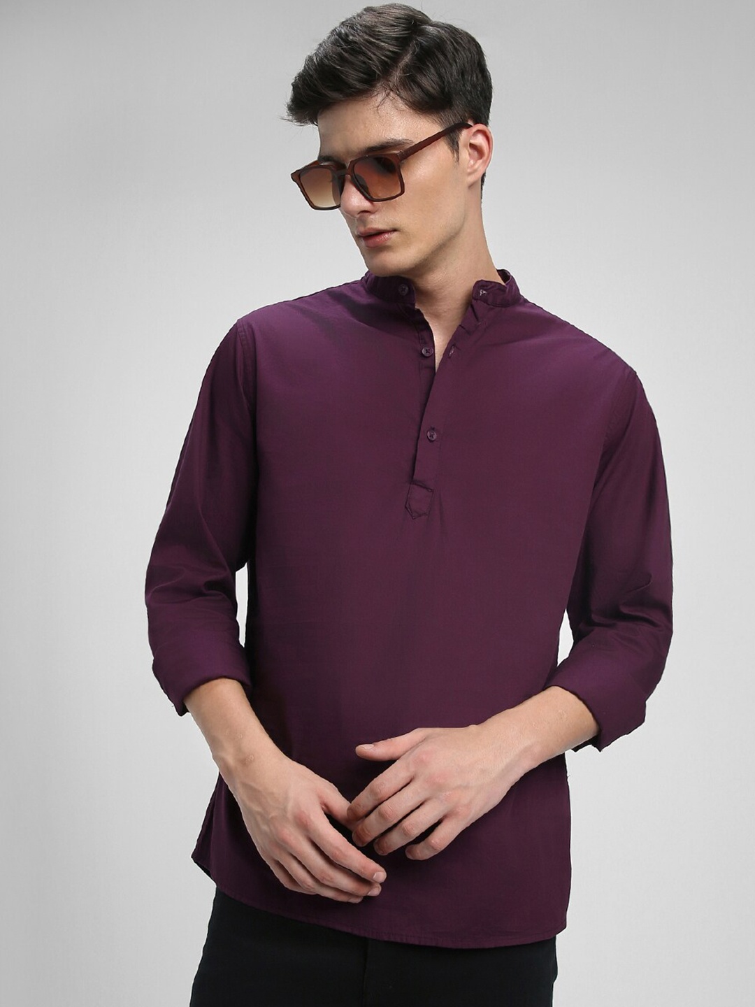 

Dennis Lingo Slim Fit Band Collar Pure Cotton Casual Shirt, Purple