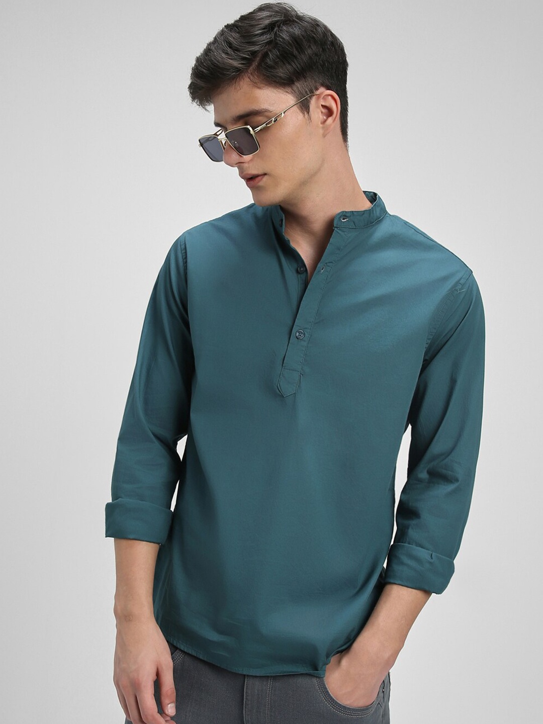 

Dennis Lingo Slim Fit Band Collar Pure Cotton Casual Shirt, Teal