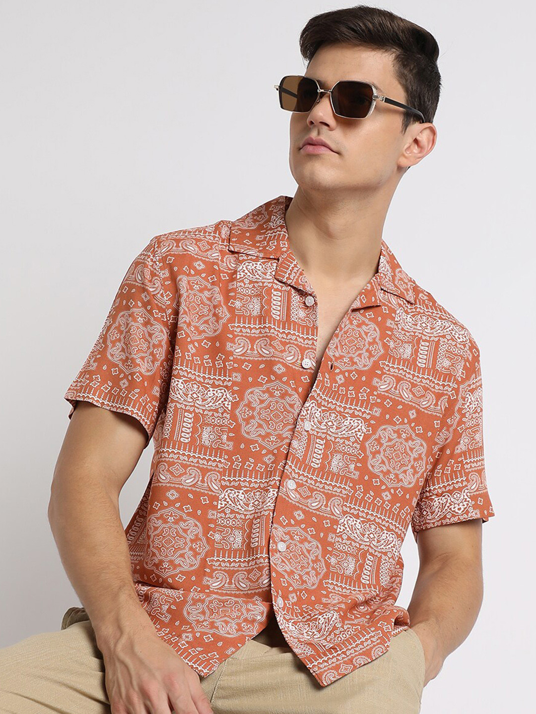 

Dennis Lingo Relaxed Ethnic Motifs Printed Cuban Collar Casual Shirt, Rust