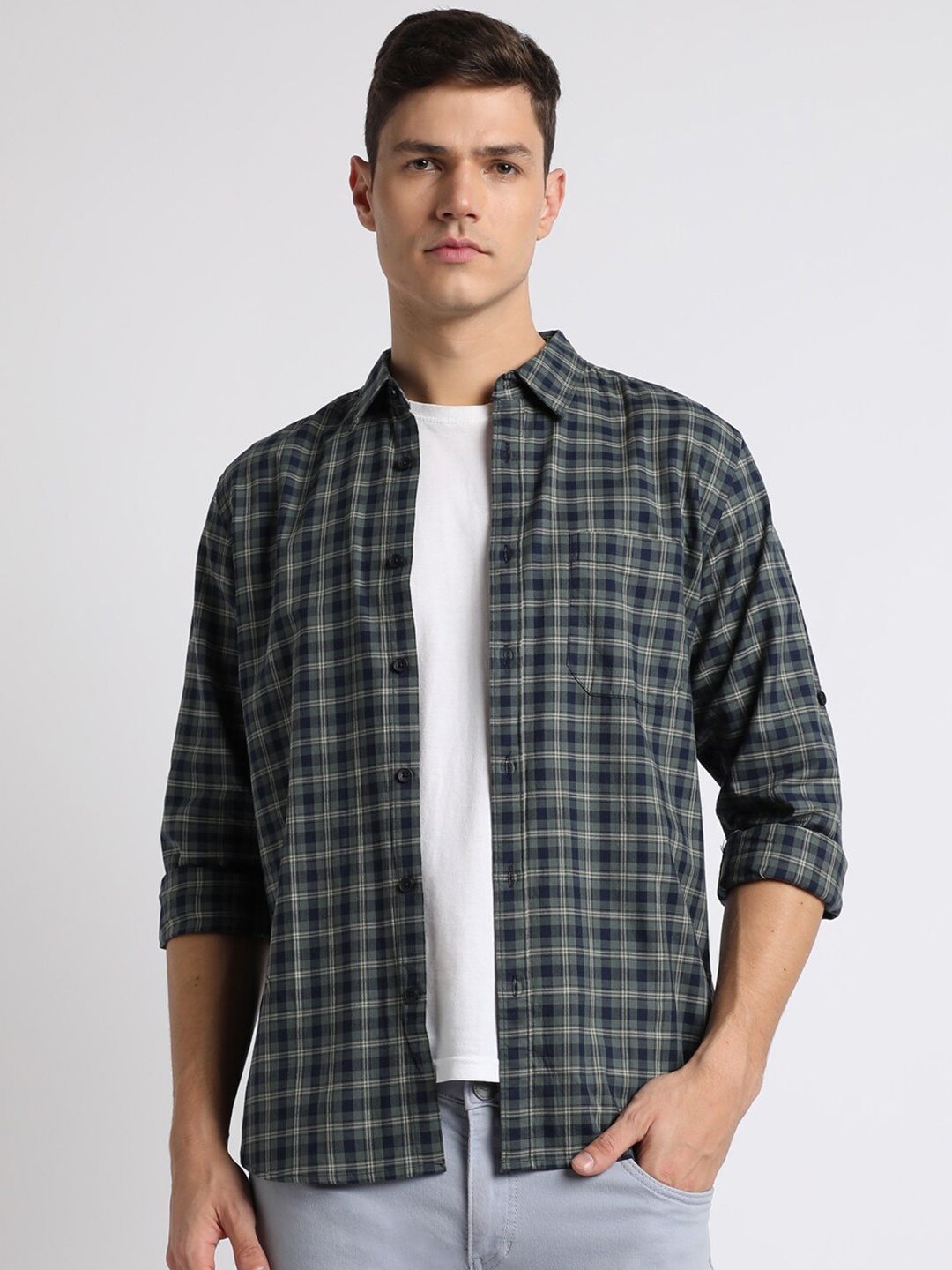 

Dennis Lingo Relaxed Tartan Checked Spread Collar Casual Shirt, Green