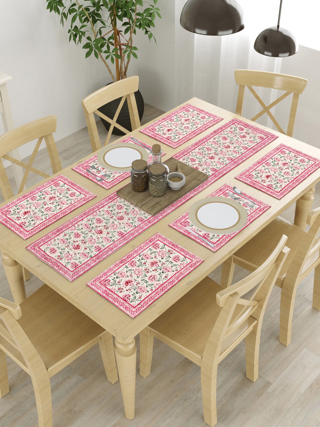 

BLOCKS OF INDIA Pink & Beige 7 Pcs Floral Printed Cotton Table Linen Sets