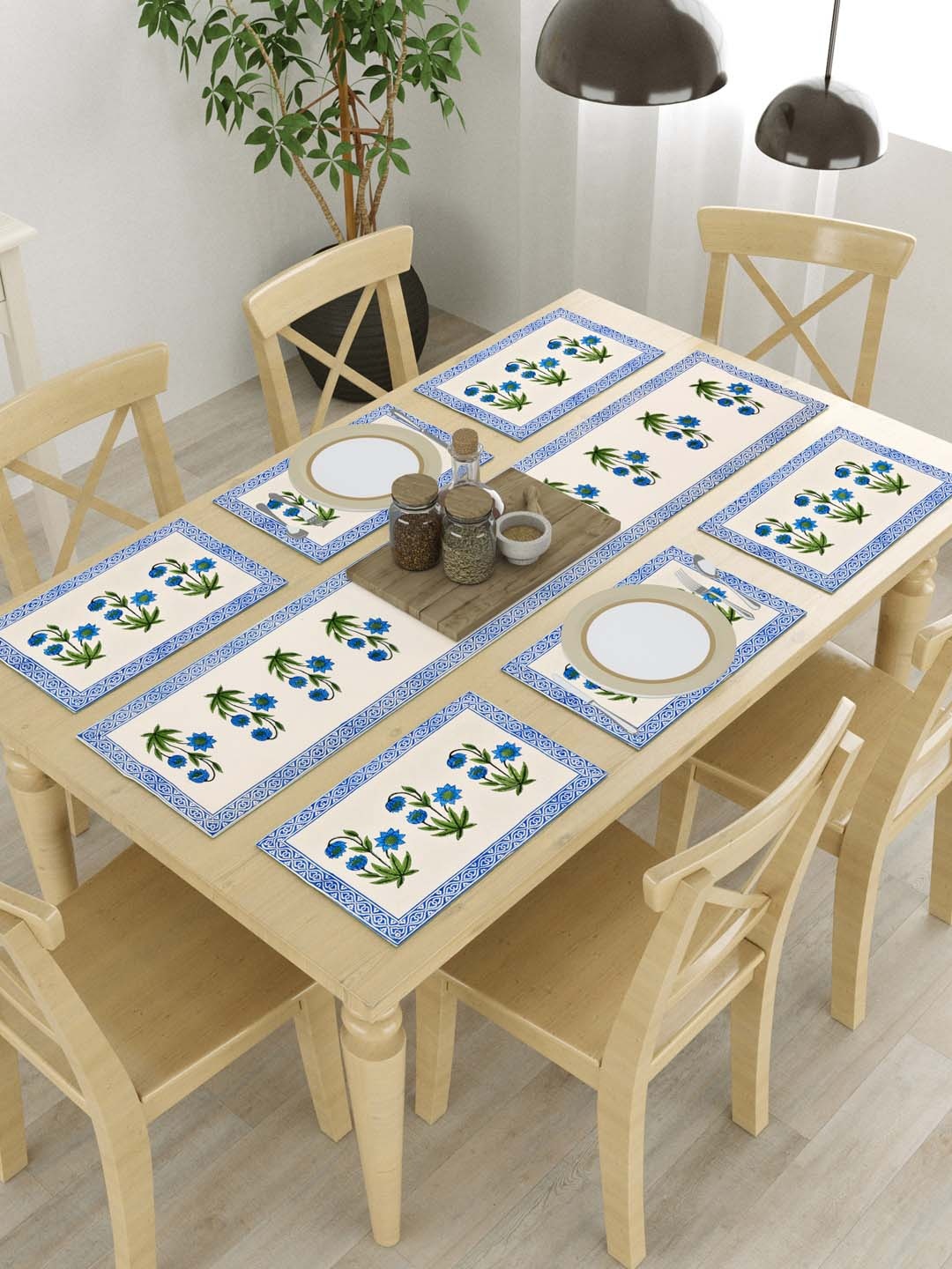 

BLOCKS OF INDIA Blue & Beige 7 Pcs Ethnic Motifs Printed Cotton Table Linen Sets