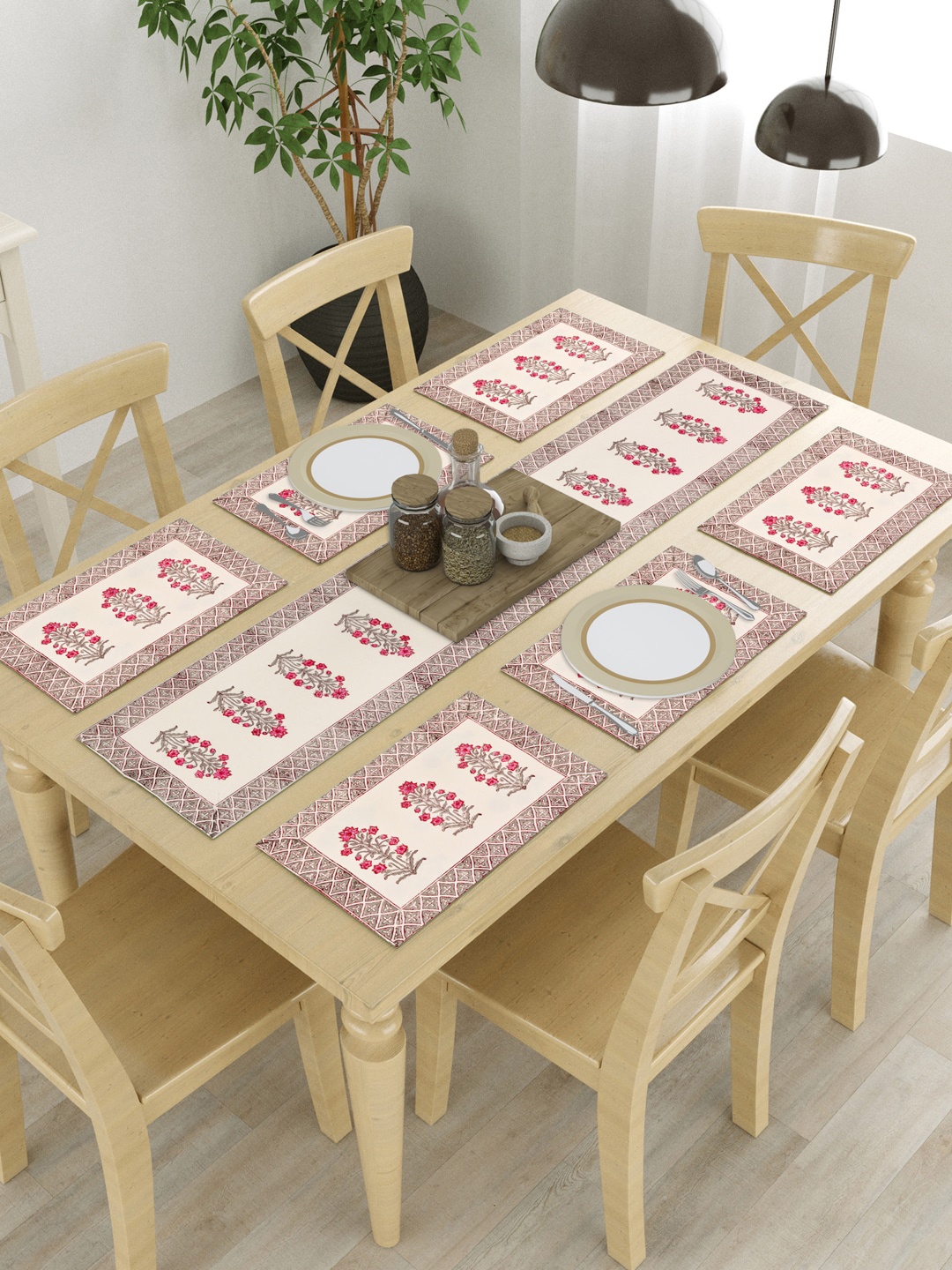 

BLOCKS OF INDIA Pink & Beige 7 Pcs Ethnic Motifs Printed Cotton Table Linen Sets