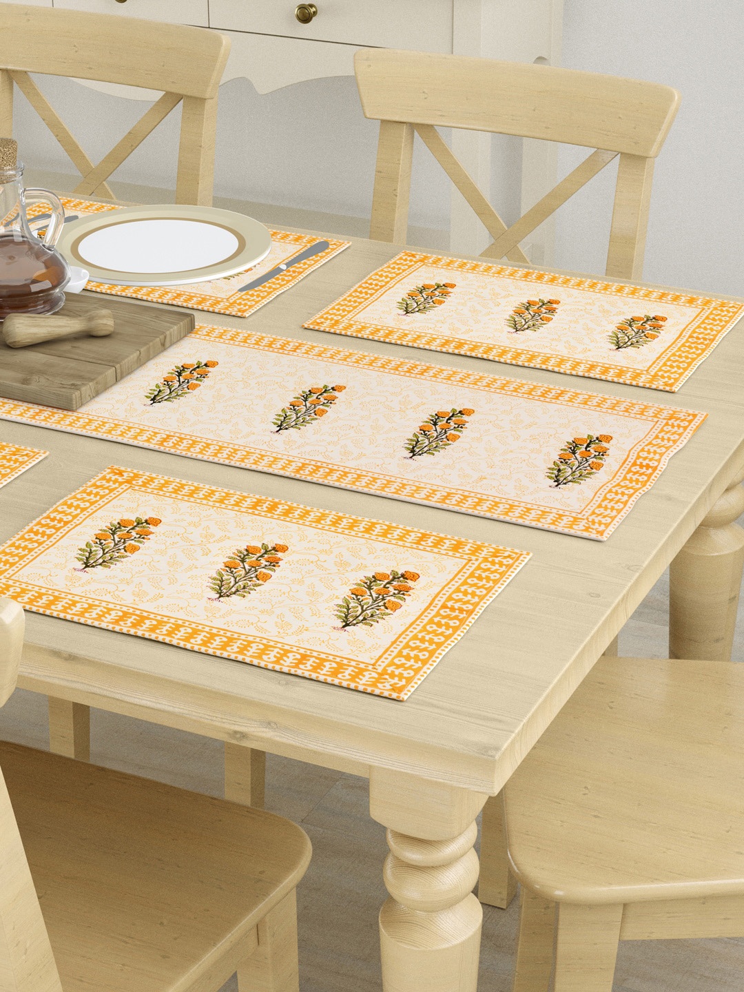 

BLOCKS OF INDIA Yellow & Green 7 Pieces Printed Cotton Table Linen Set