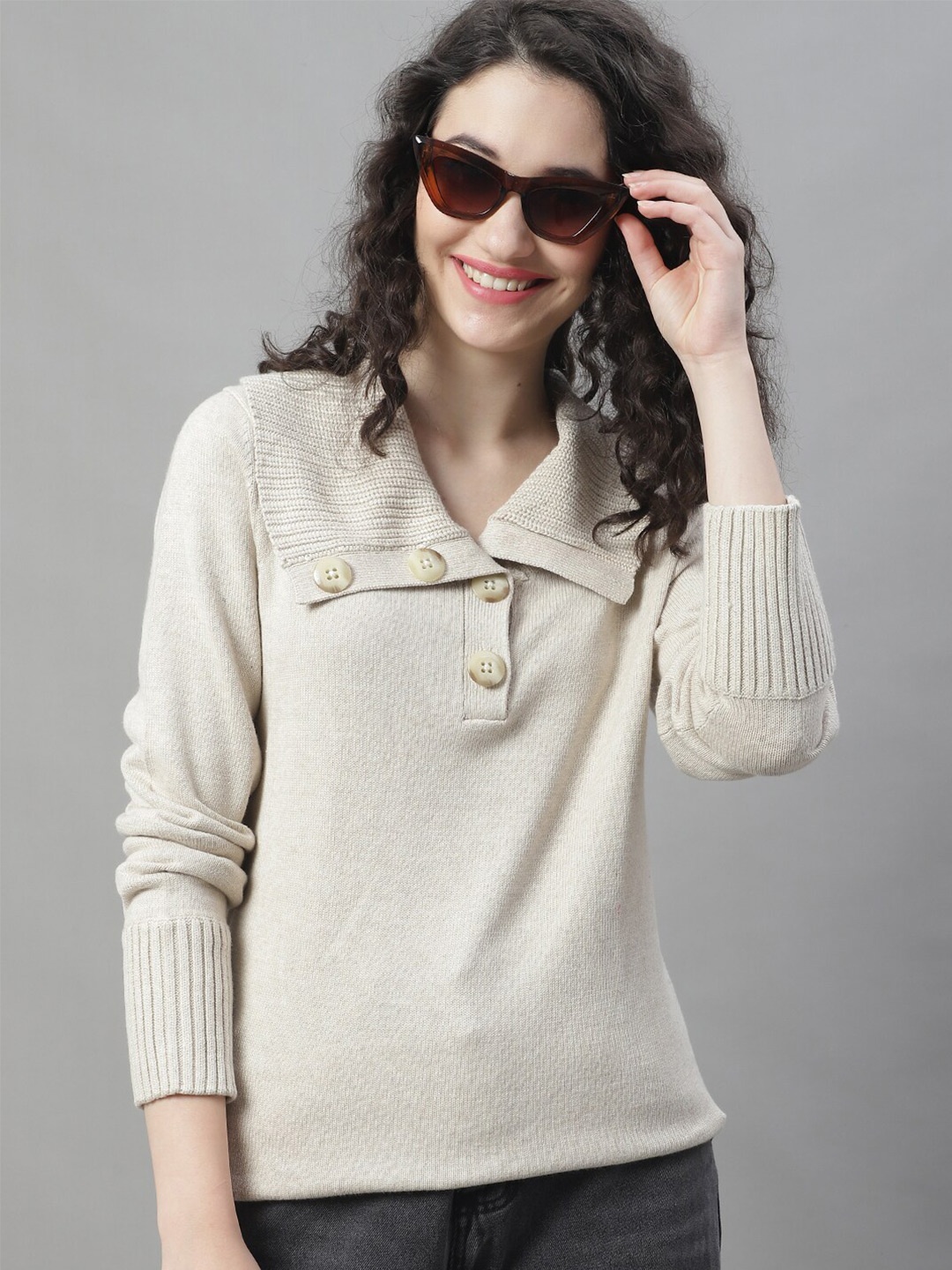 

HOUSE OF VEDAS Ribbed Spread Collar Acrylic Pullover, Off white