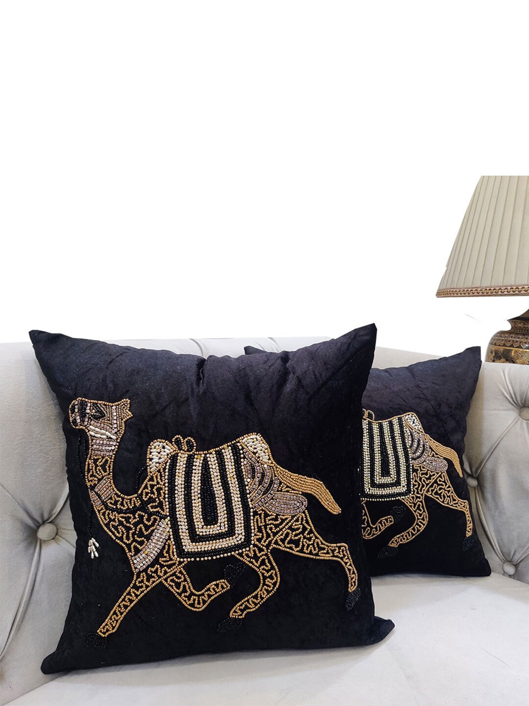 

Good Vibes Black & Gunmetal-Toned 2 Pieces Embellished Velvet Square Cushion Covers