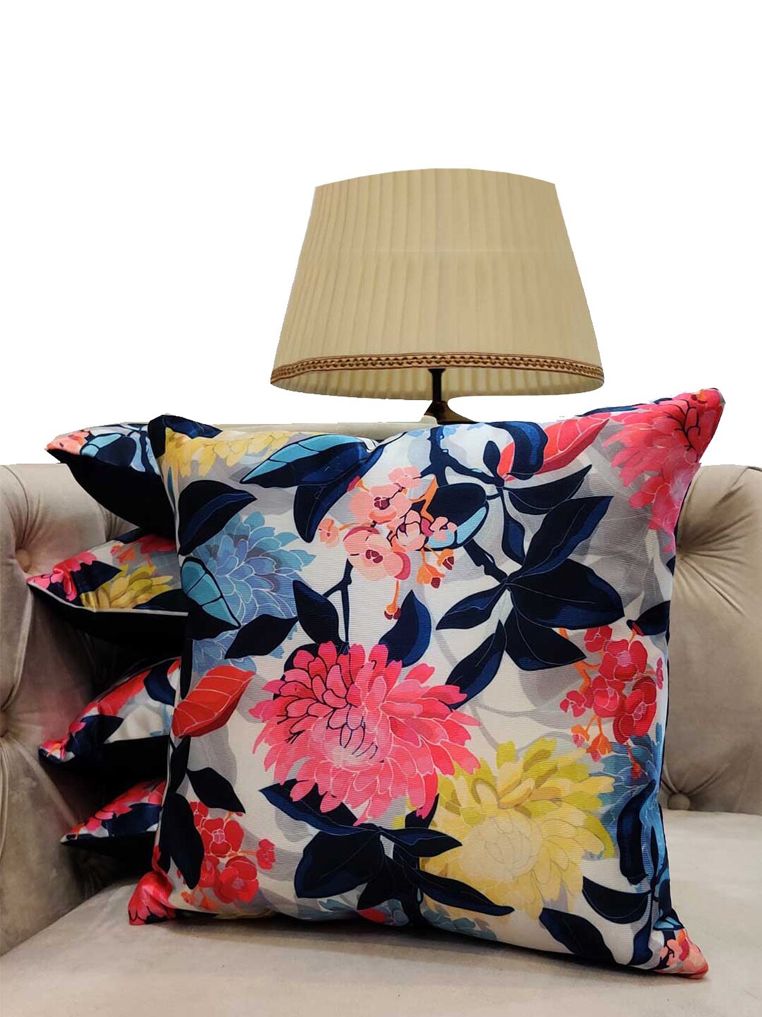 

Good Vibes Navy Blue & Pink 5 Pieces Floral Printed Square Cushion Covers