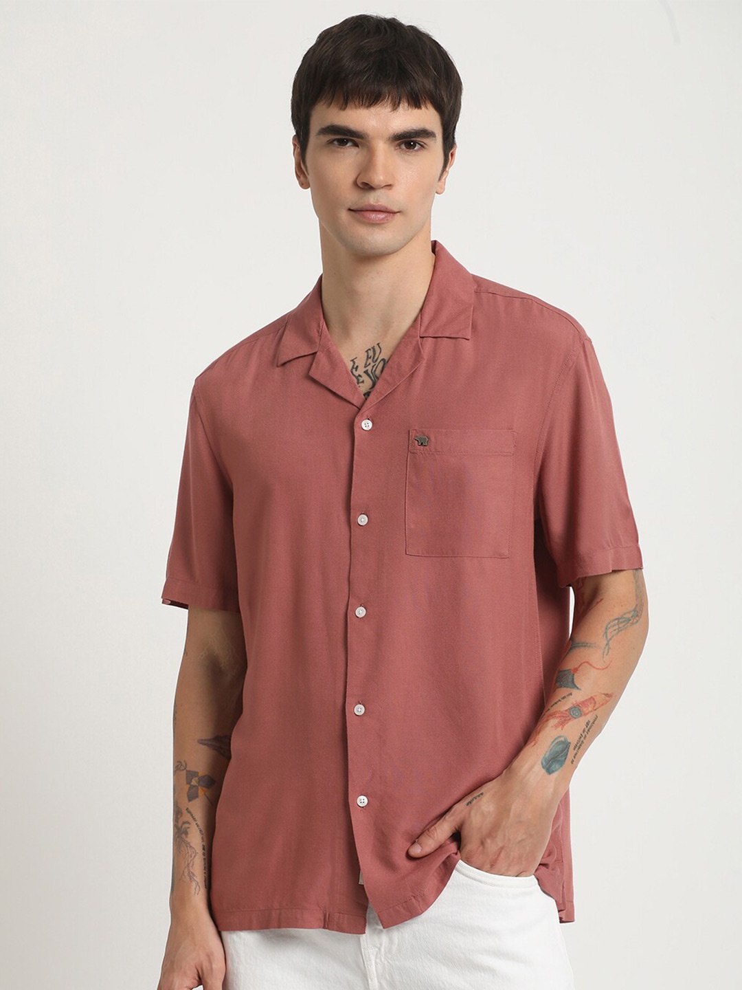 

THE BEAR HOUSE Cuban Collar Casual Shirt, Rust